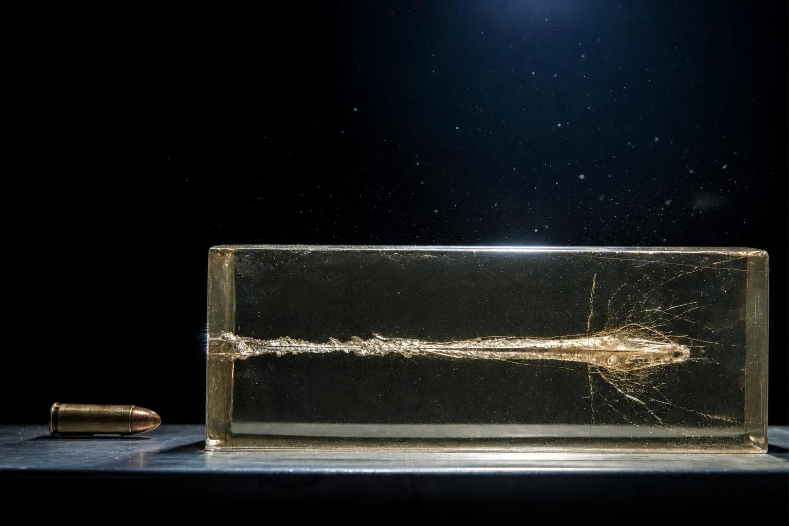 A large block of translucent ballistic gelatin on a steel laboratory bench, a clean bullet channel and its frozen radial crack-cavity running through the clear gel, back-lit by cold white-blue light, a few fine particles suspended in the air.