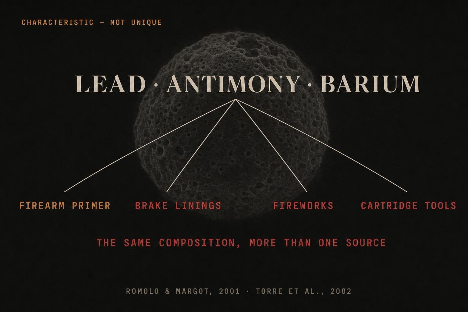 A data plate: the composition 'LEAD · ANTIMONY · BARIUM' fanning down to four sources — 'FIREARM PRIMER' in amber and 'BRAKE LININGS', 'FIREWORKS', 'CARTRIDGE TOOLS' in red — the same composition, more than one source.