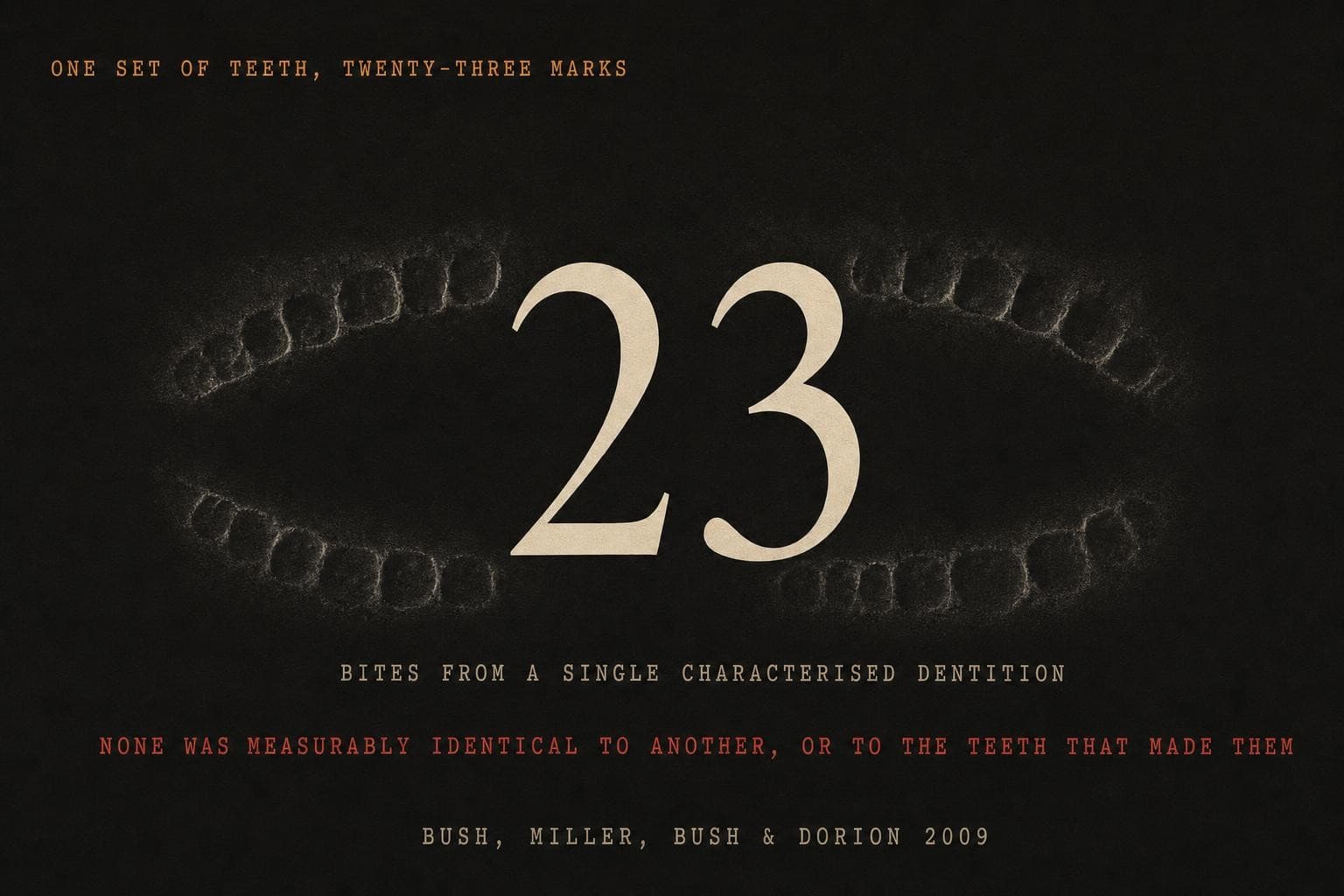 A data plate: the figure 23 over the finding that a single set of teeth left 23 bites, none measurably identical to another or to the teeth that made them.