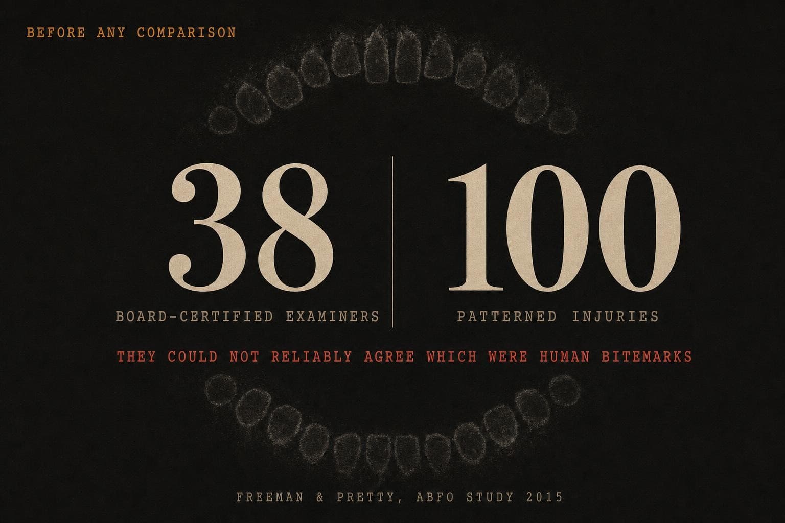 A data plate with two figures, 38 board-certified examiners and 100 patterned injuries, over the finding that they could not reliably agree which were human bitemarks.