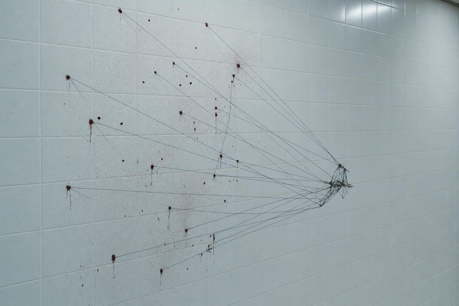 A clinical white tiled wall bearing a spray of small dark-red bloodstains, with fine black strings pulled taut from several stains back toward a rough point of convergence in the air in front of the wall, under cold even light.