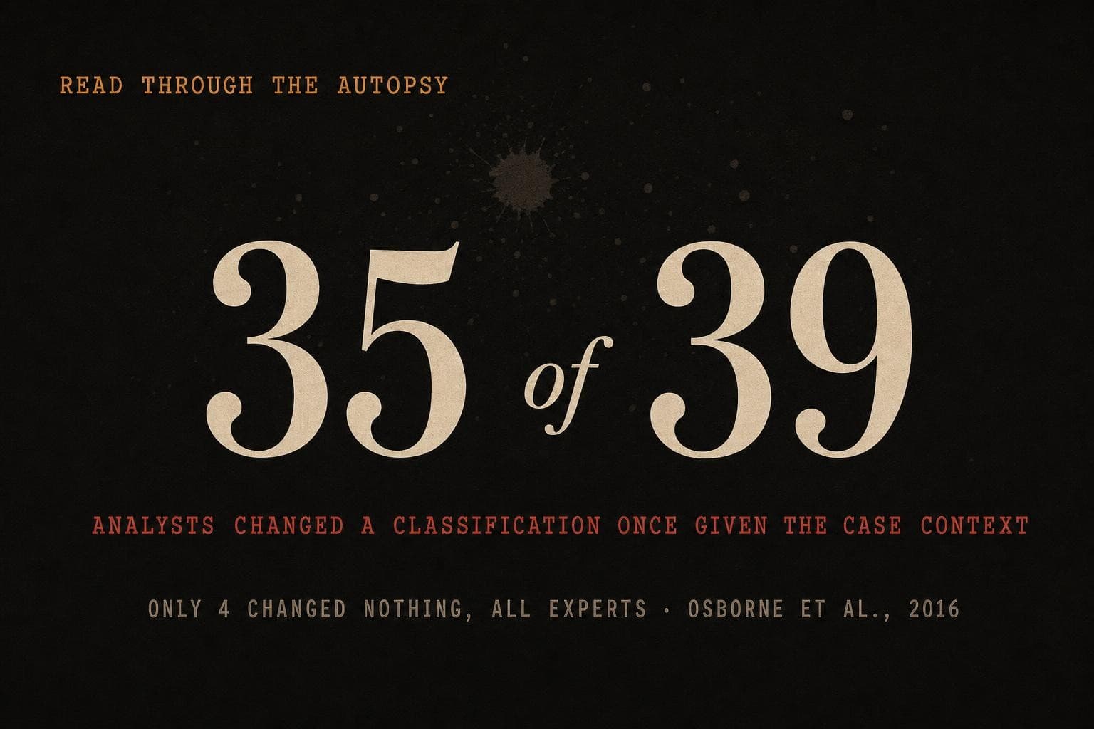 A data plate: the giant figure '35 of 39' over the line 'analysts changed a classification once given the case context', only four changing nothing, all experts.