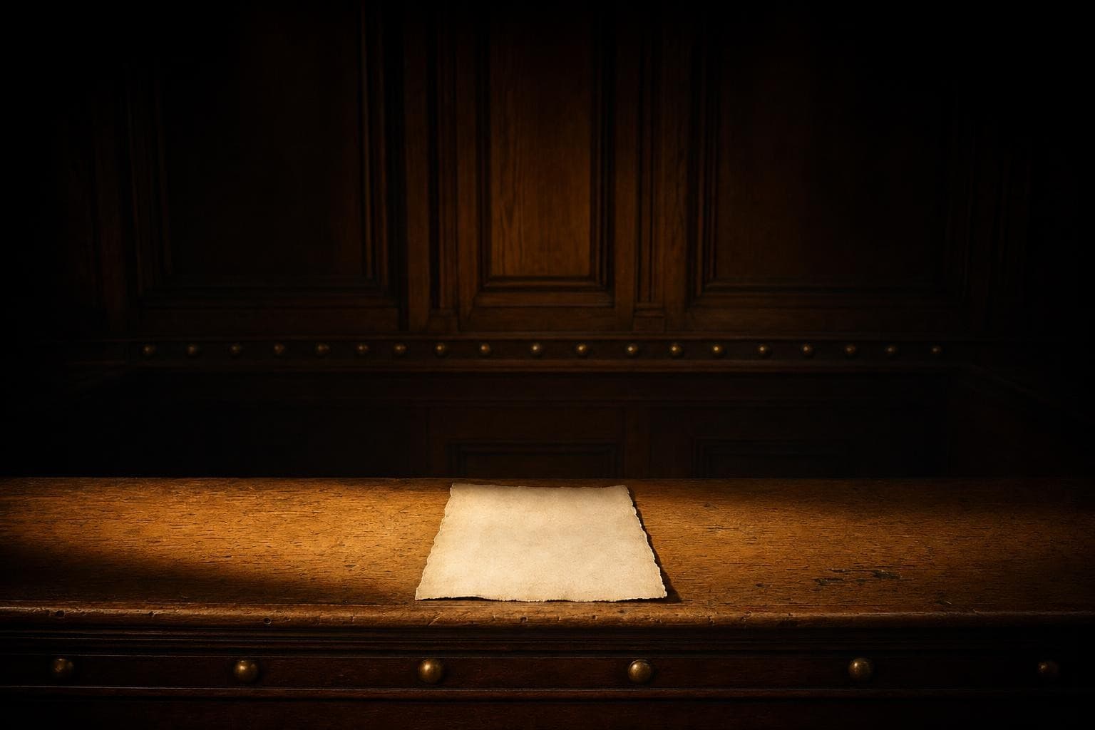 A single sworn written statement on heavy cream paper lying on the worn honey-toned oak ledge of an old witness box, a brass-buttoned panel rising behind it, lit by a soft warm pool of low lamplight that falls off into the shadowed courtroom beyond.