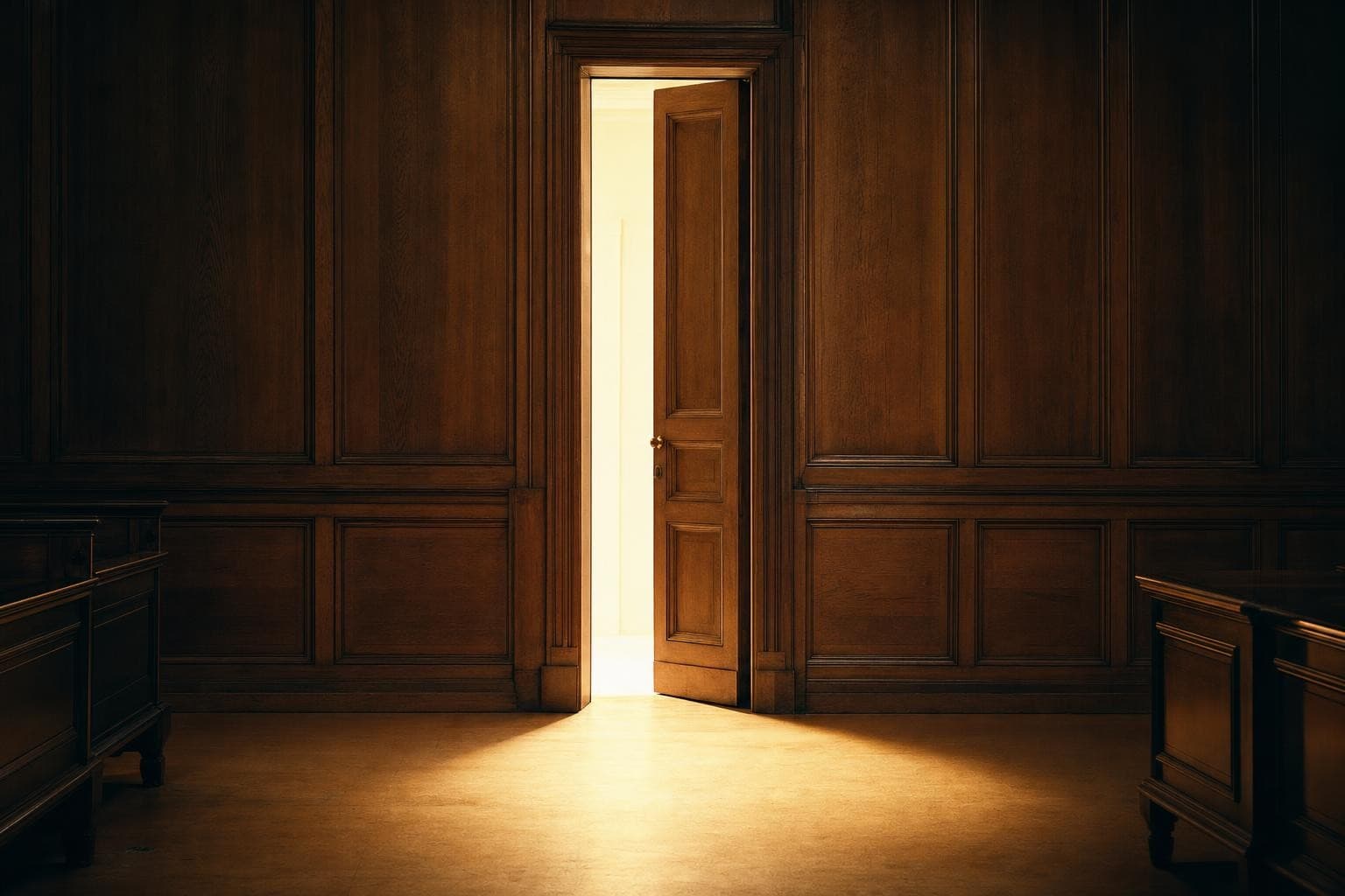 A tall narrow panelled oak courtroom door standing ajar in a vast dark wood-panelled wall, a flood of warm lamplight pouring through the slim opening that is plainly far broader than the narrow doorway can account for, spilling wide across the floor.