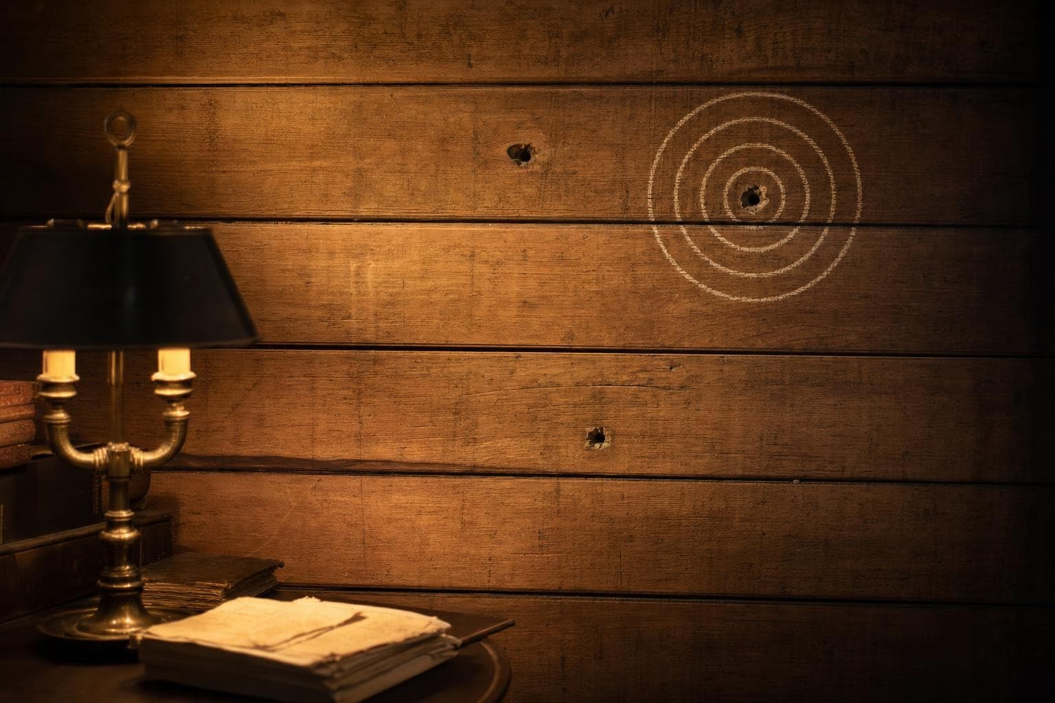 A weathered honey-toned oak plank pocked with three scattered bullet holes, around exactly one of which a fresh pale bone-white target ring has been chalked so that hole sits dead centre, the other two holes left bare and untargeted.