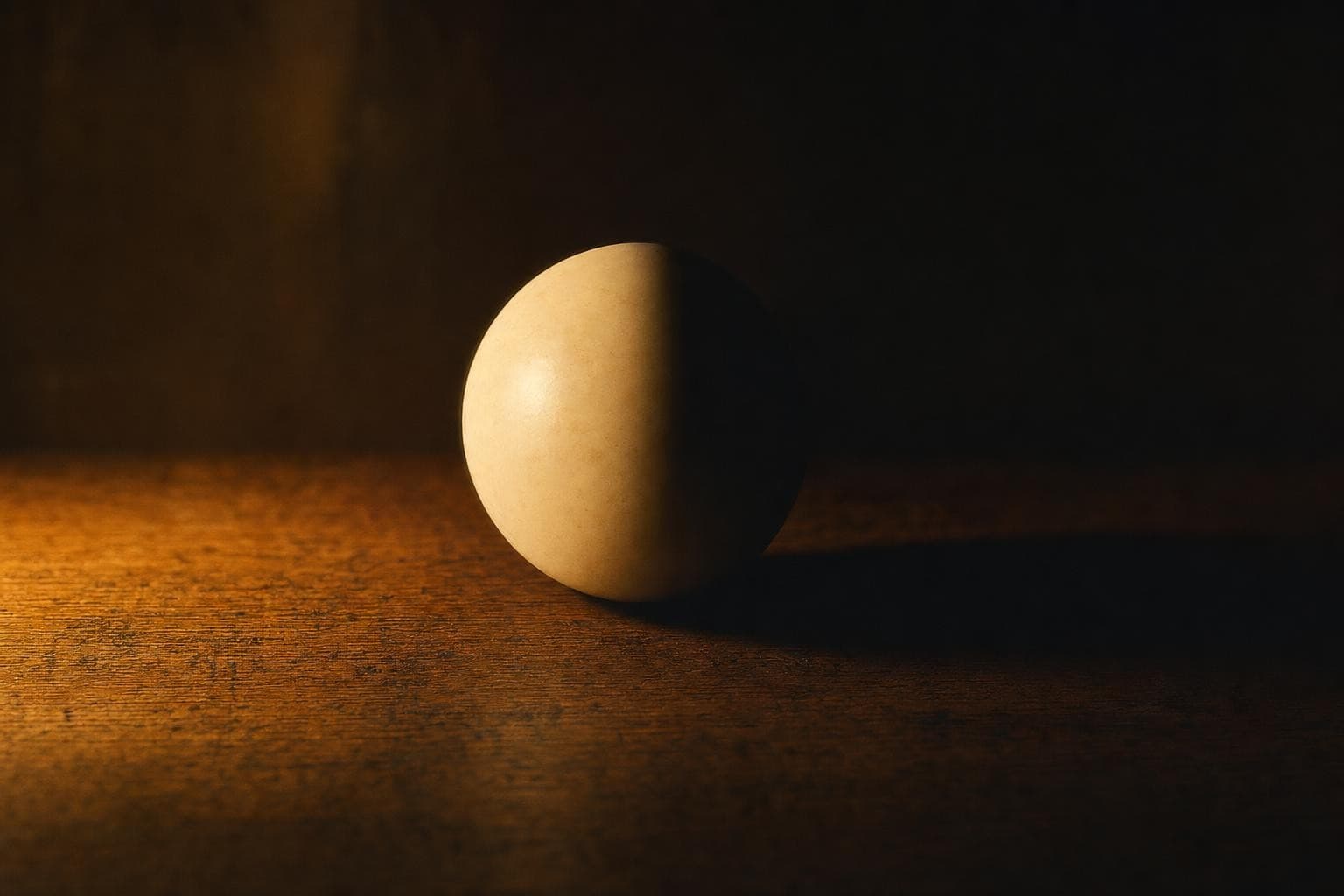 A single pale ivory sphere resting on aged oak, lit by warm lamplight from one side so one clean half glows in full light while the other half falls into deep shadow, half of the very object hidden from view.