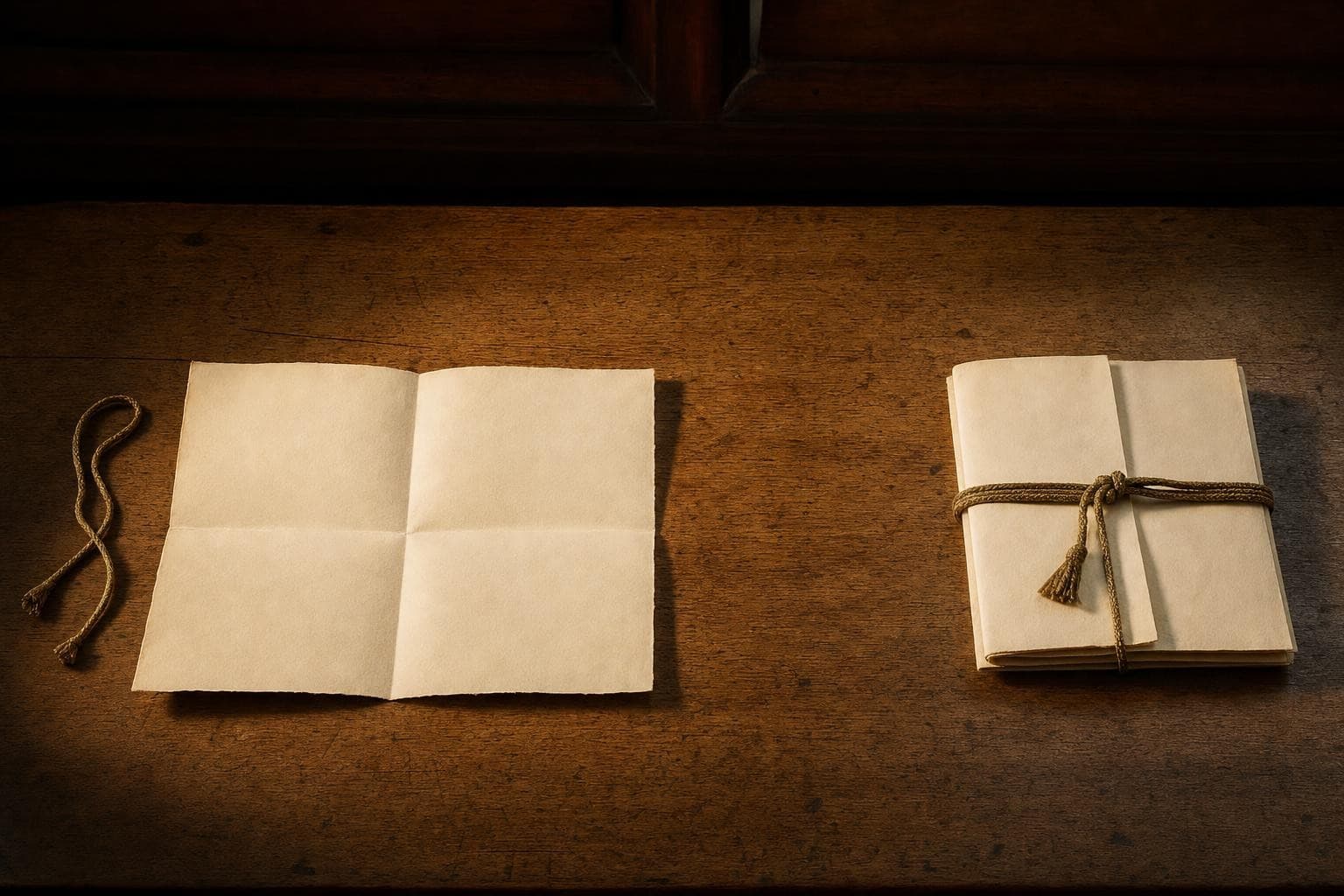 Two folded cream documents tied with brass-coloured cord on aged oak in a strict left-to-right order; the left one is unfolded and open, read first, the right one still tied shut and untouched, held back until the first is done.