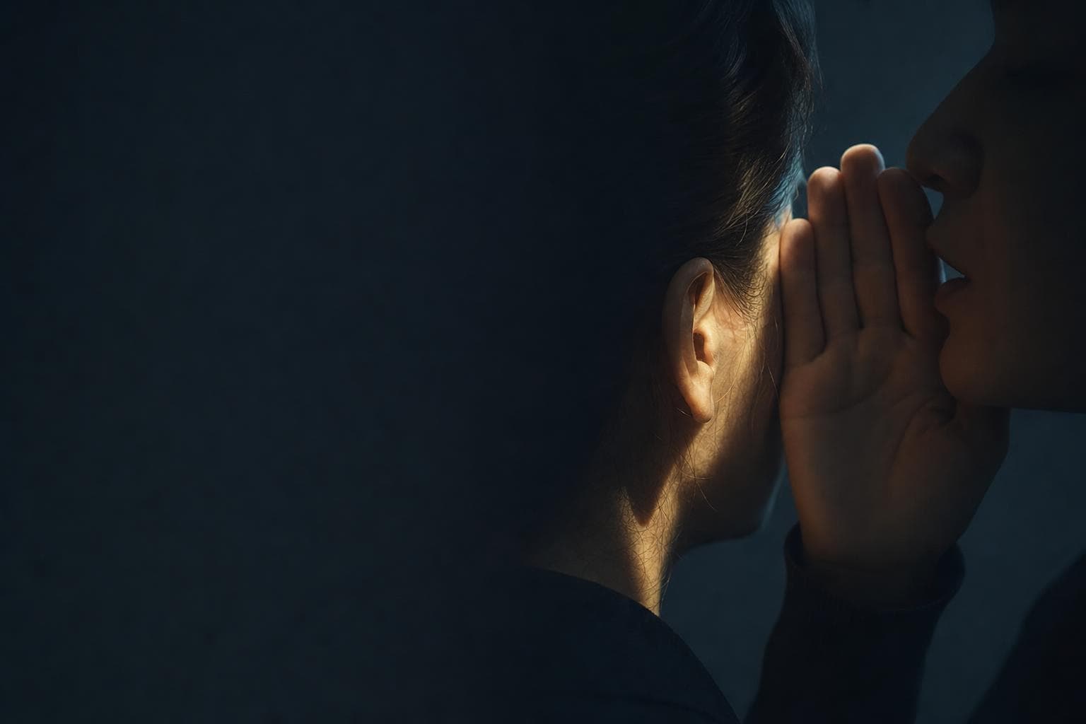 A close-up in cool near-darkness: one anonymous person leans in to whisper, a hand cupped to their mouth, directly into the ear of a second person who stays calm and intent. A single warm beam catches the cupped hand and the listener's ear while both faces stay in shadow.