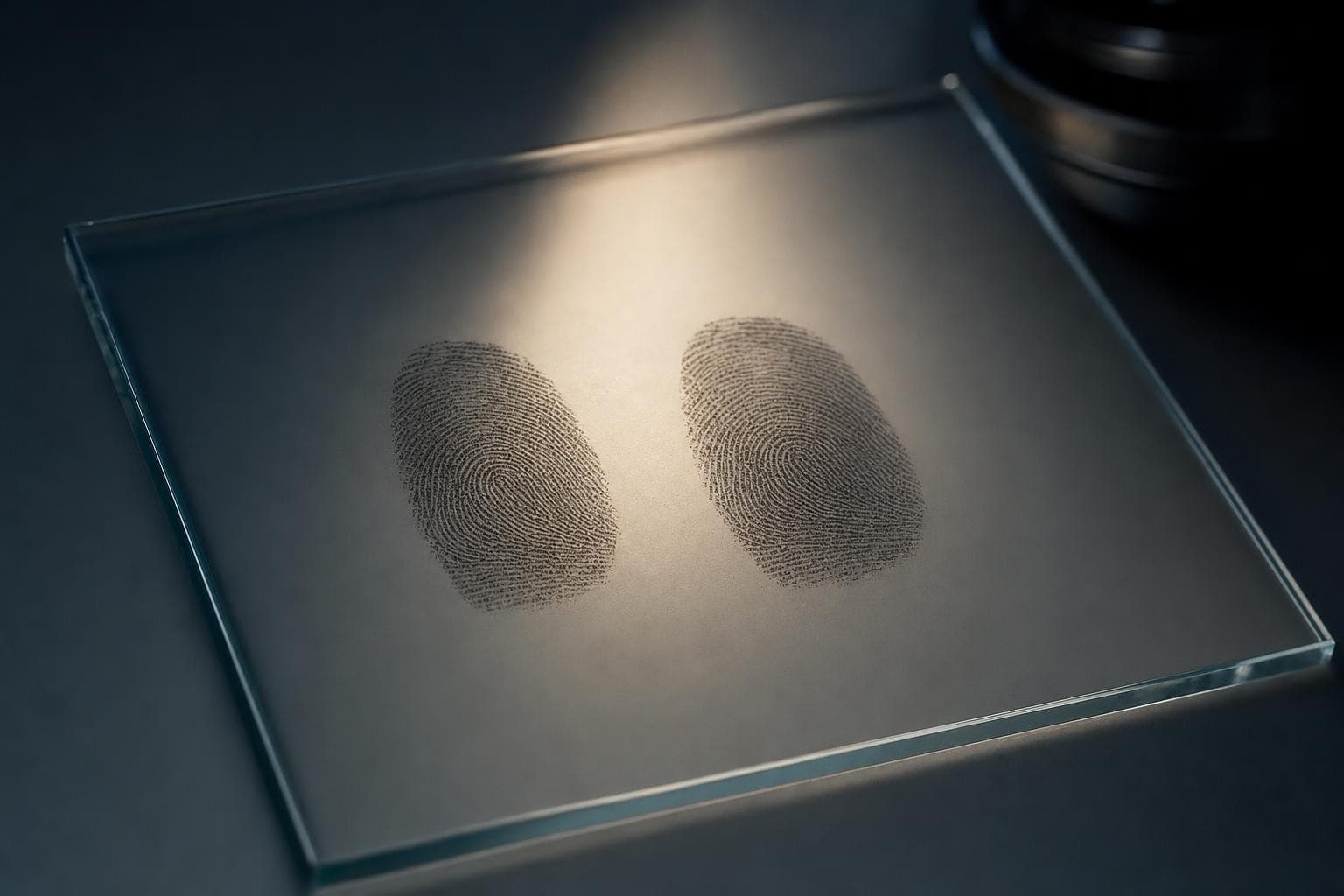Two latent fingerprints side by side on an examination surface in cool low light, identical to each other in every ridge — the same print shown twice.