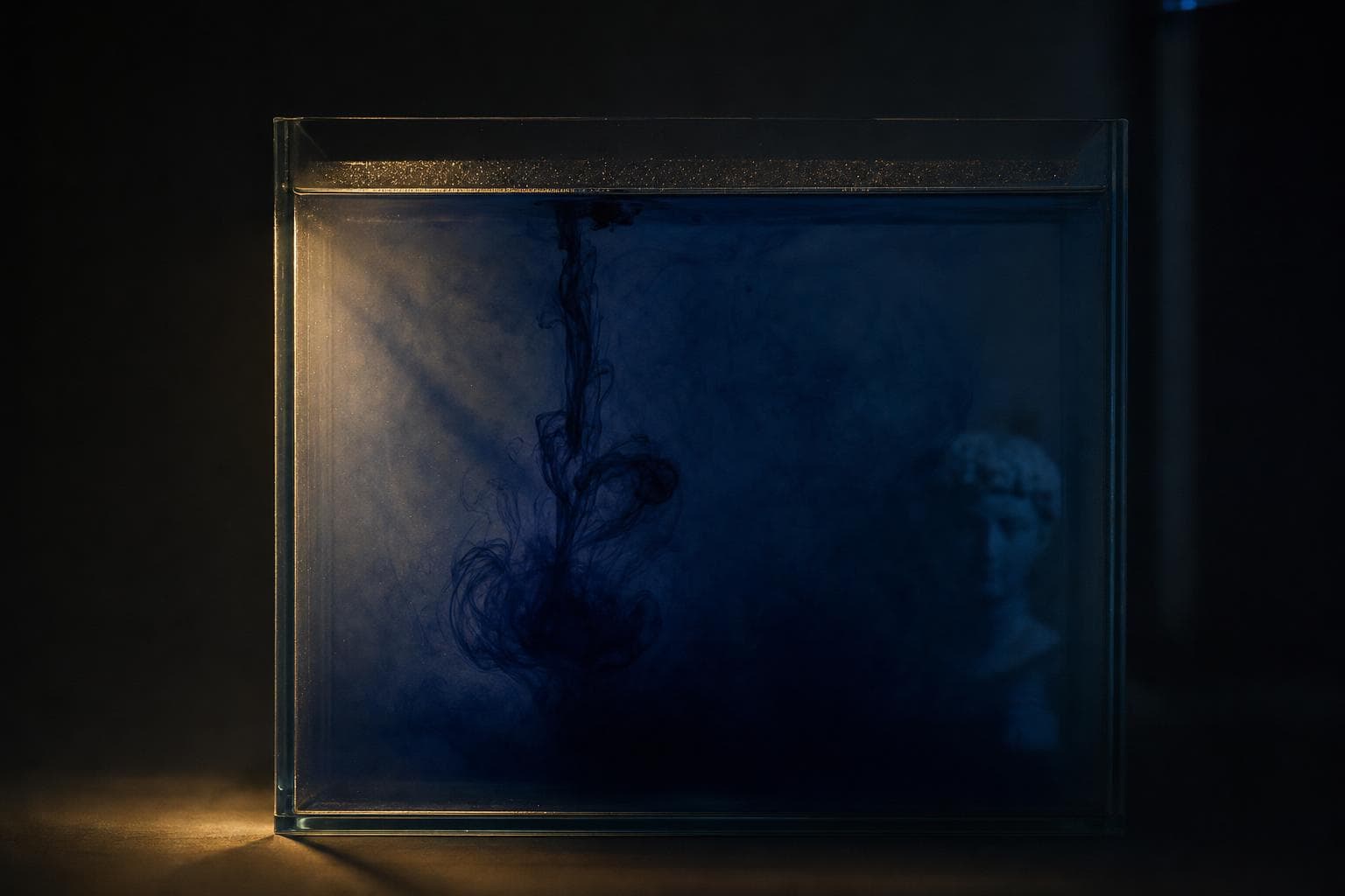A single drop of dark dye blooming and dispersing through a glass of clear water lit by one warm beam, the water already permanently clouded so nothing behind it can be seen clearly again.