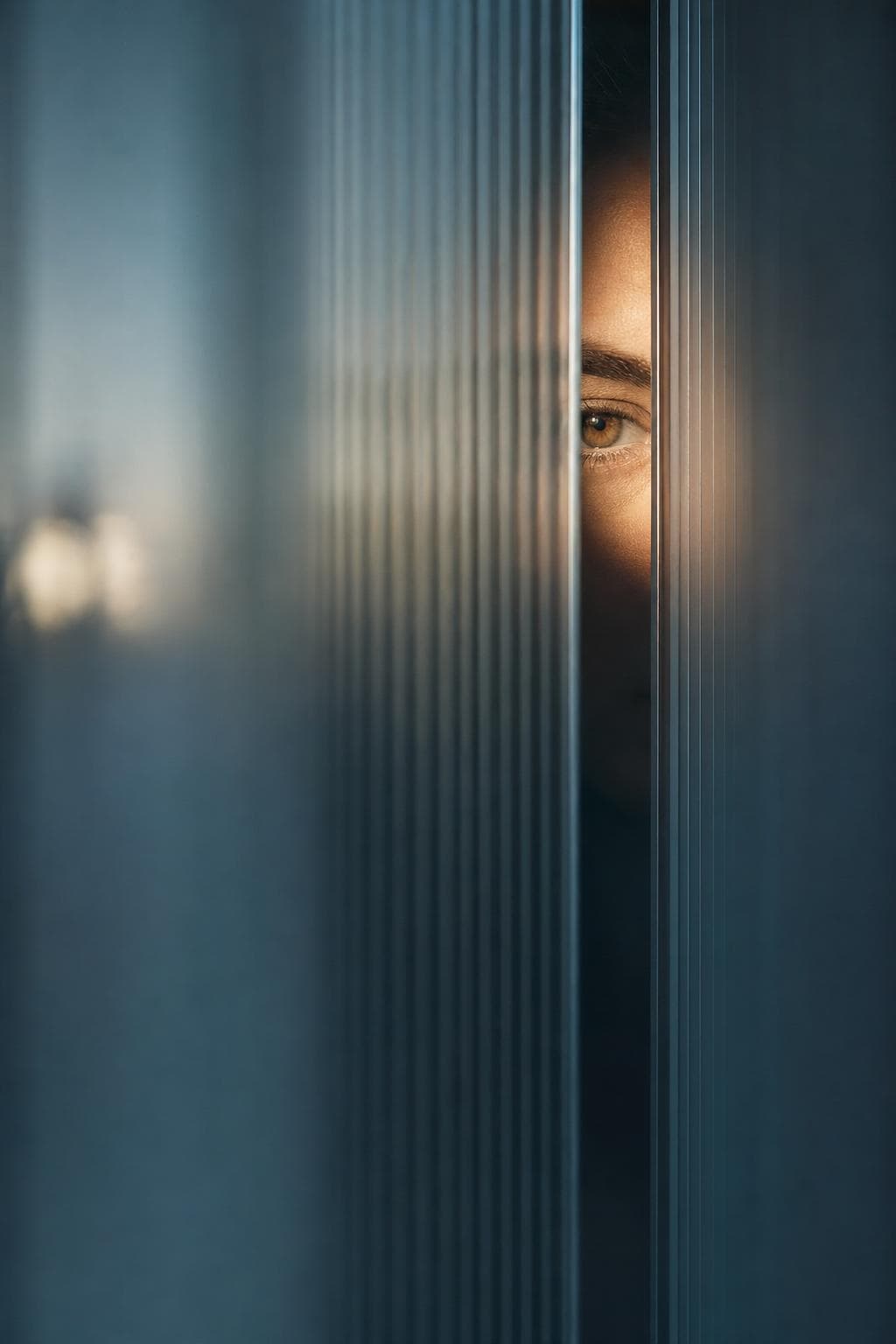 A pane of ribbed frosted glass standing in front of a watching eye, deliberately blurring everything behind it except one small clear strip where a single warm beam is allowed through.