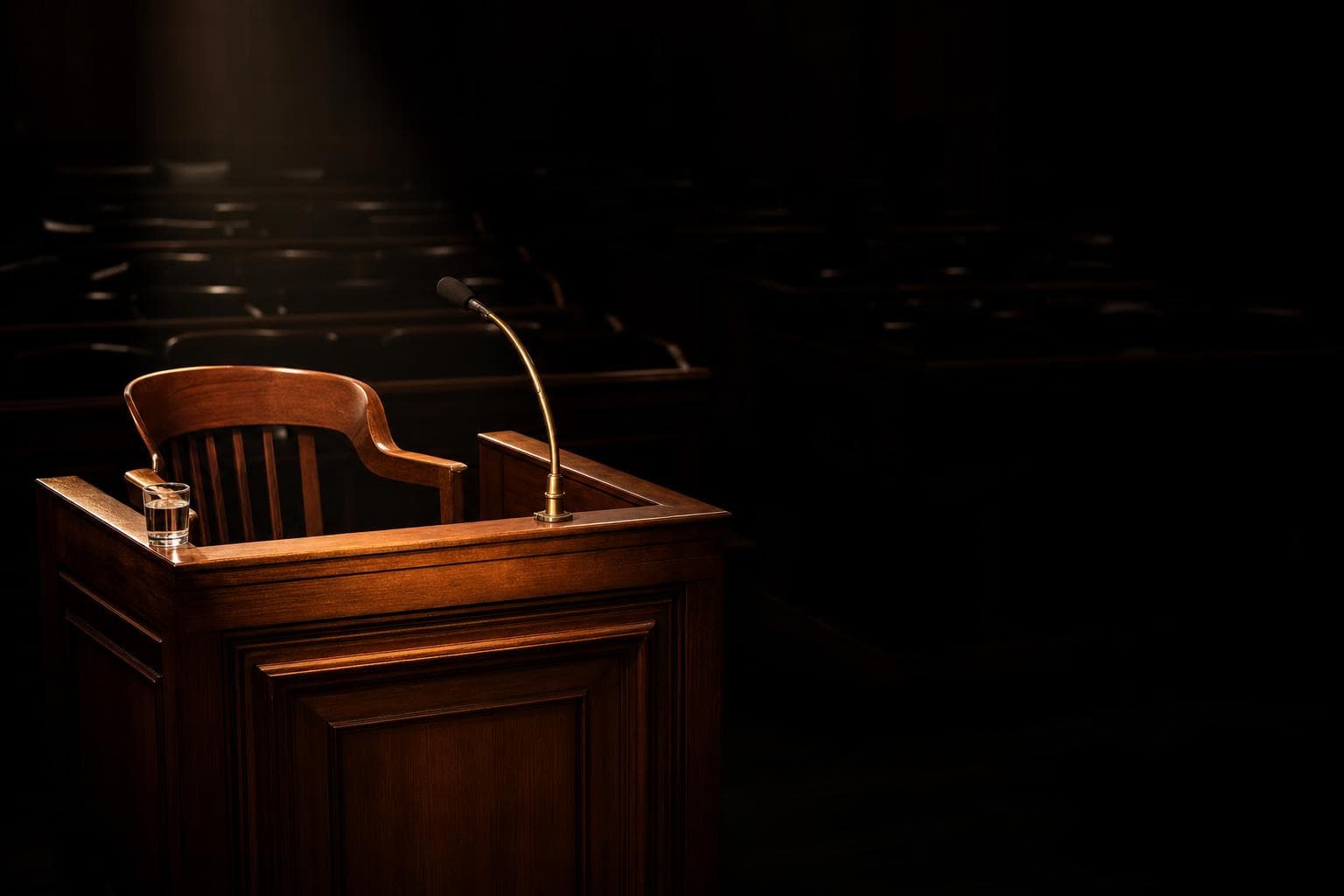 An empty wooden witness box under a single hard shaft of light: a vacant chair, the polished timber rail, and a microphone on a gooseneck waiting, with the darkened public gallery behind.