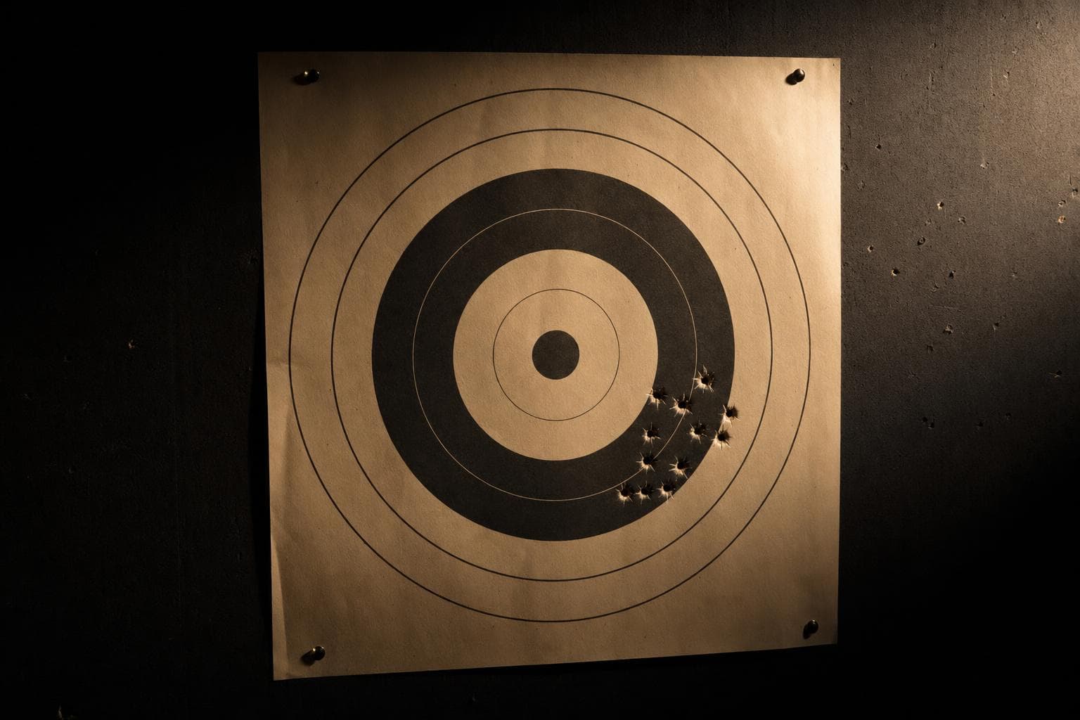 A paper shooting target under hard light, a tight cluster of hits grouped in the wide easy outer rings while the small true bullseye stays untouched.