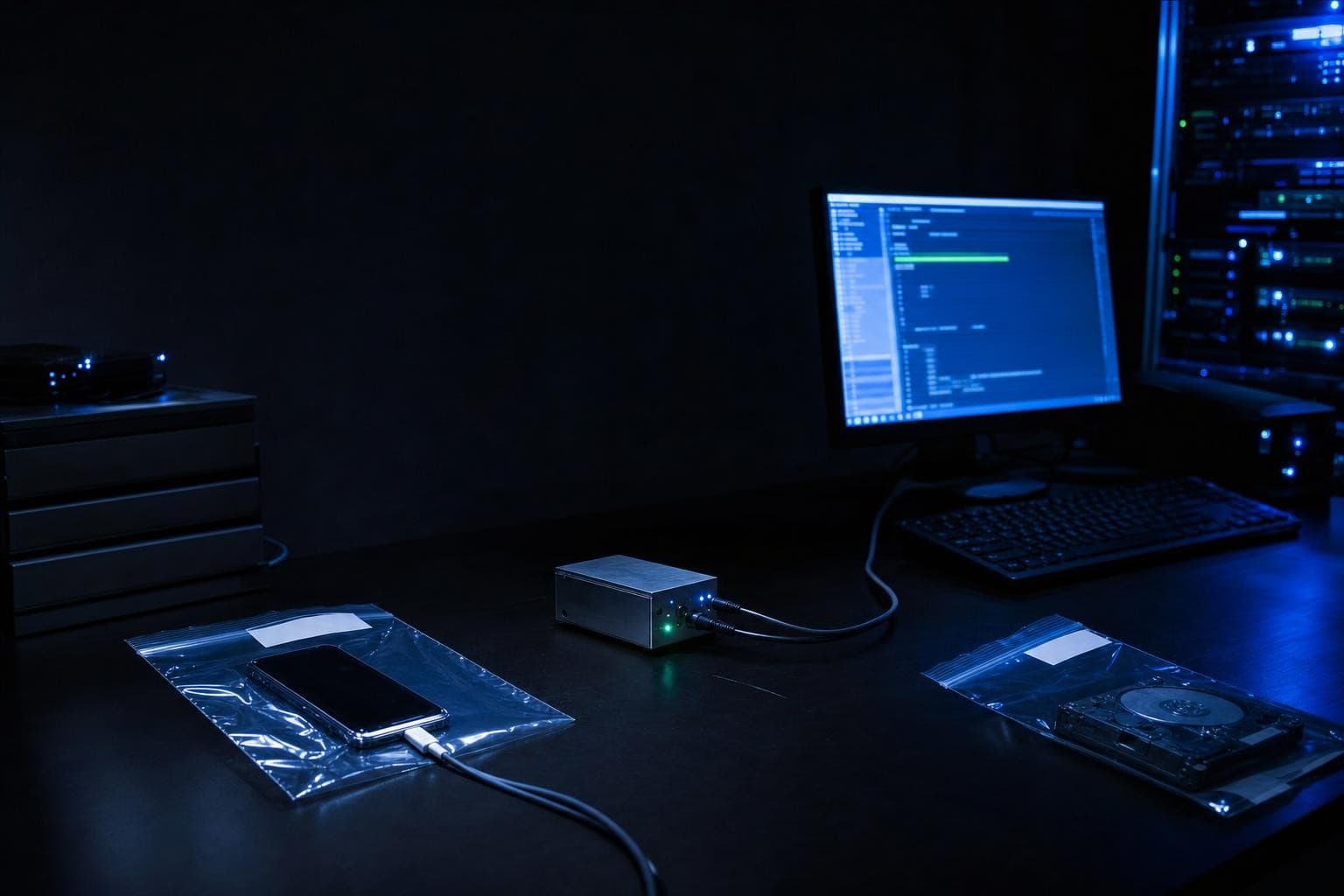A digital-forensics examination bench at night: a smartphone sealed in a clear evidence bag, connected through a small write-blocker to a workstation whose screen is the only light in the dark lab.
