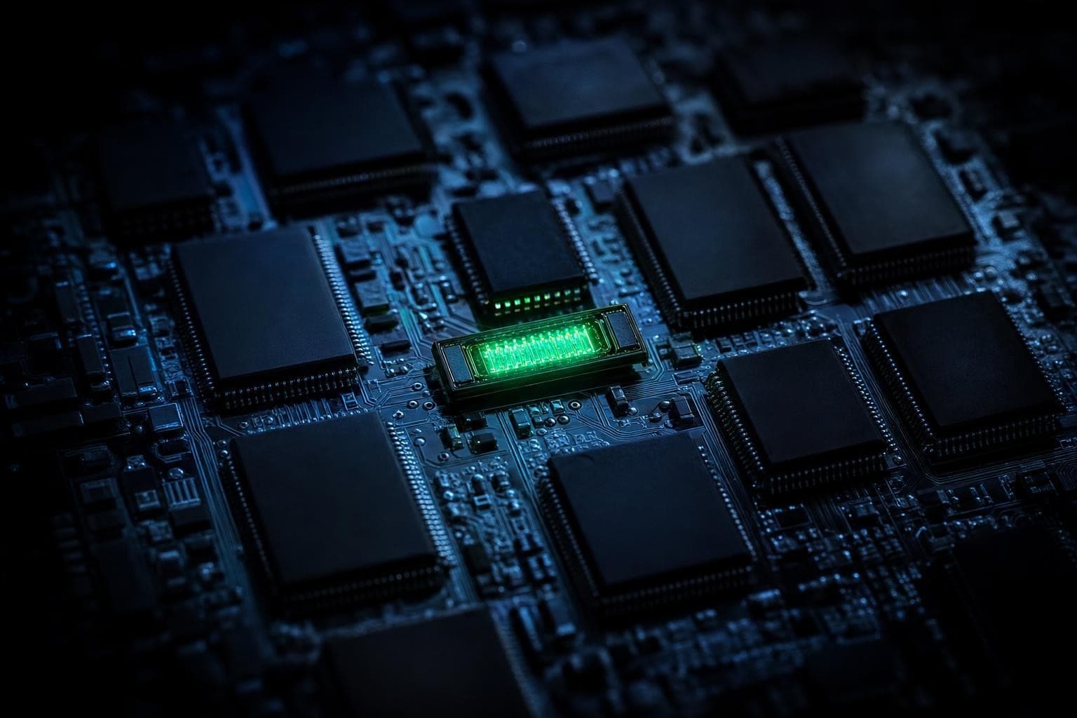 A macro of a circuit board where a single memory chip glows bright phosphor-green, cleanly verified, while the dozens of other chips around it sit dark and unread in the blue-black shadow.