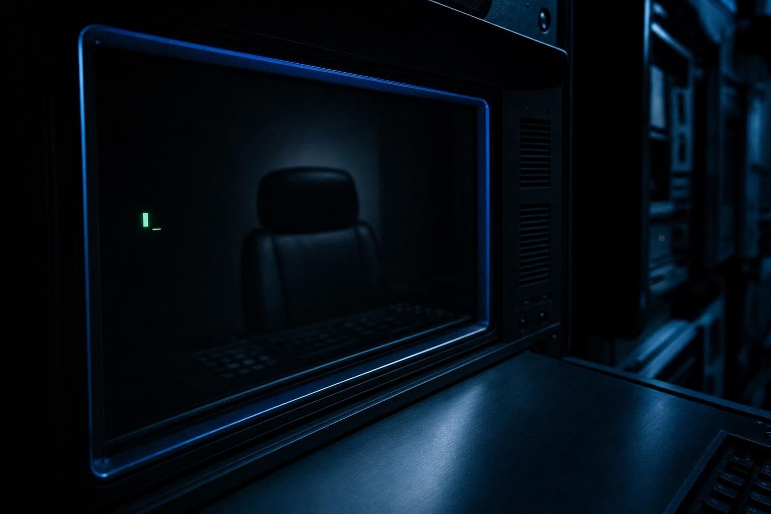 A self-lit dark terminal screen in a black room showing a single blinking green login cursor, the empty black glass of the screen reflecting the chair before it, but the reflection holds no person.