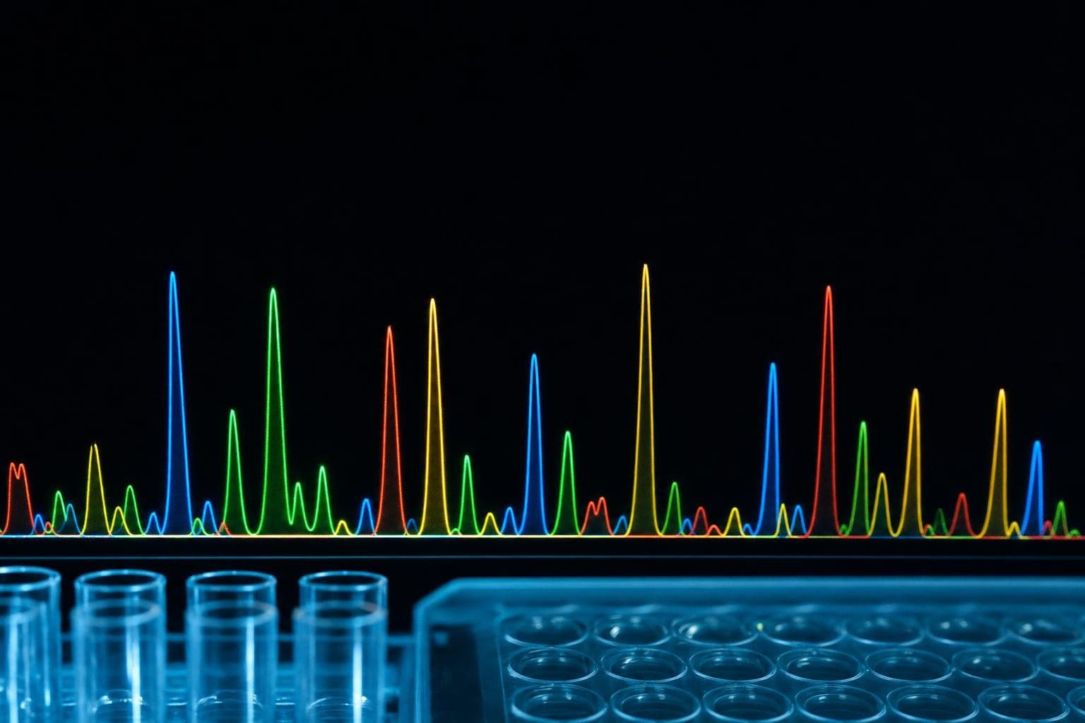 A DNA electropherogram glowing on black: rows of sharp coloured peaks in blue, green, amber and red rising from a dark baseline, the crime-sample profile, luminous and crisp.