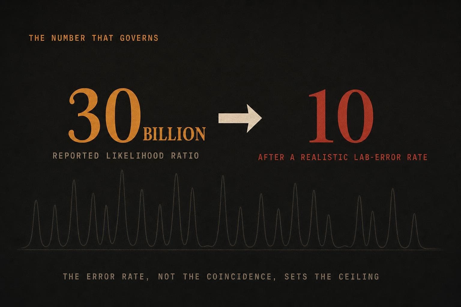 A data plate: a reported likelihood ratio of '30 billion' with an arrow to '10', the collapse that follows once a realistic laboratory-error rate is included.