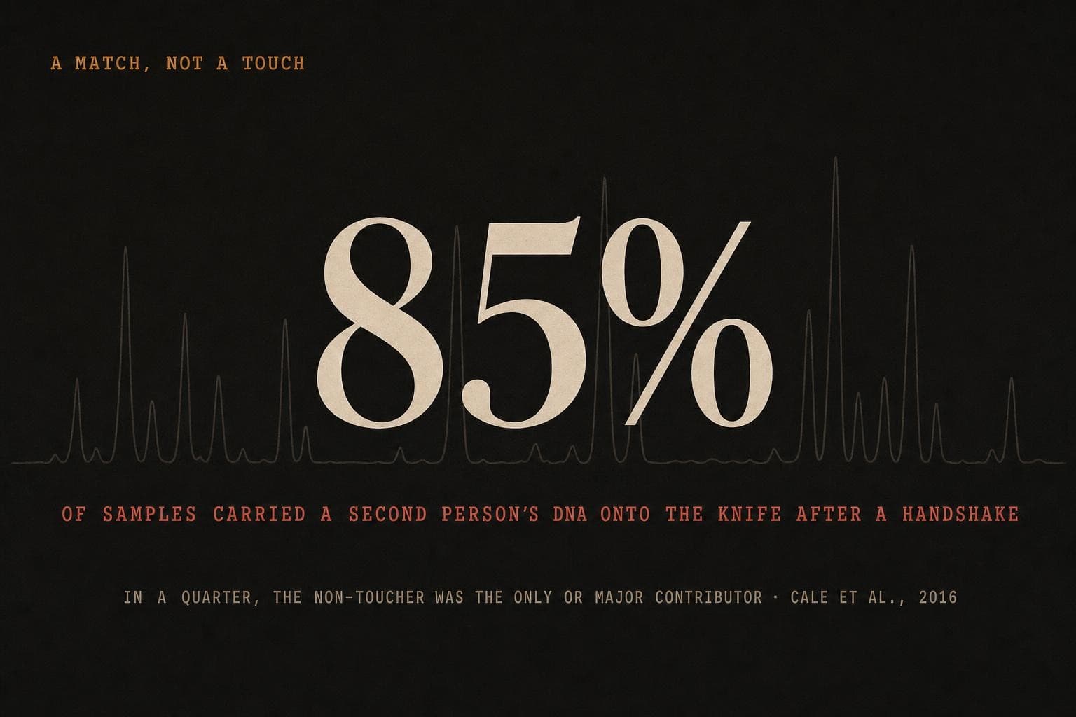 A data plate: the giant figure '85%' over the line 'of samples carried a second person's DNA onto the knife after a handshake', a non-toucher often the only or major contributor.
