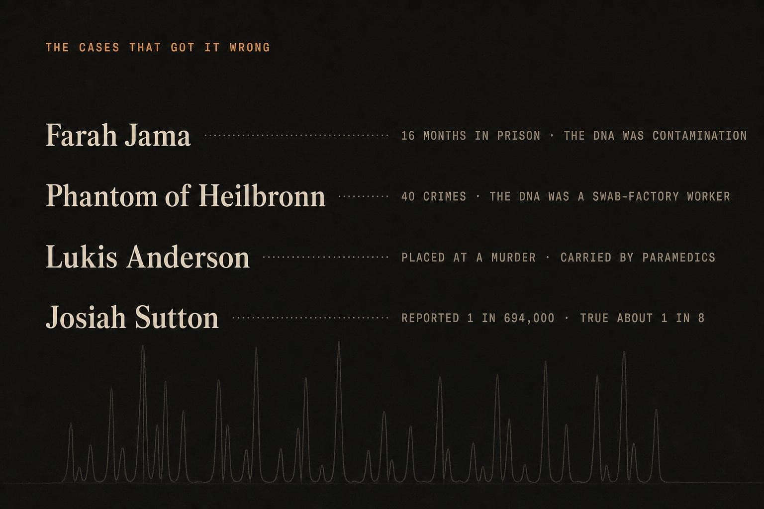 A data plate ledger of four wrongful cases: Farah Jama (16 months, DNA was contamination), Phantom of Heilbronn (40 crimes, a swab-factory worker), Lukis Anderson (placed at a murder by paramedics), Josiah Sutton (reported 1 in 694,000, true about 1 in 8).