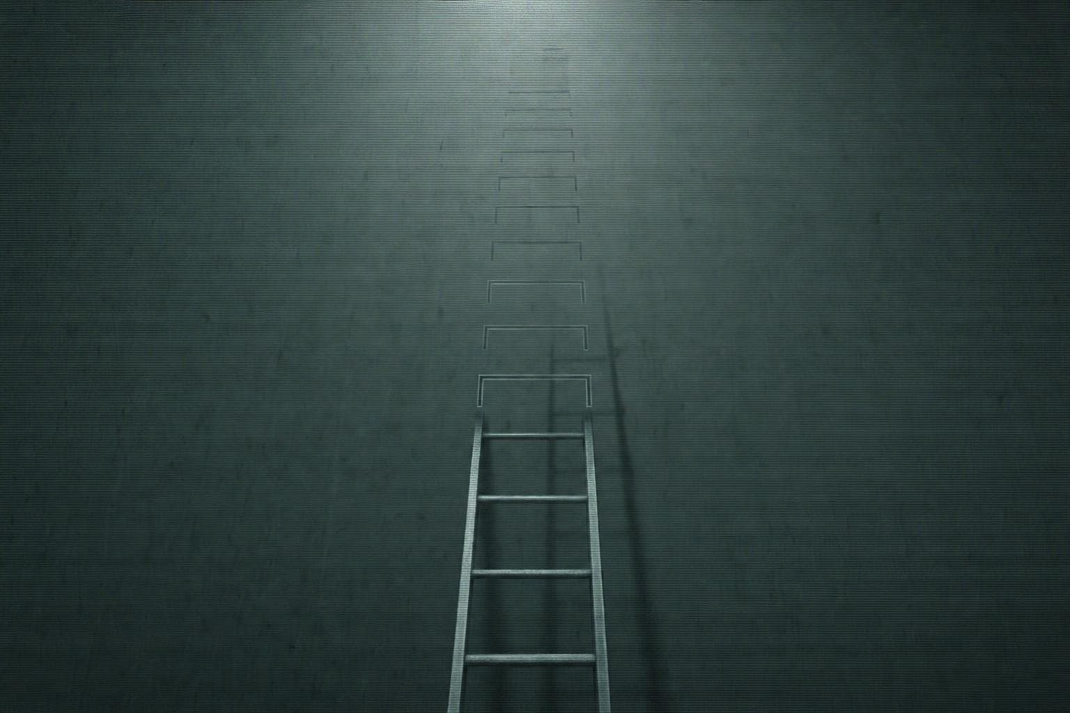 A tall ladder rising up a wall, its lower rungs solid metal but its upper rungs dissolving into faint, insubstantial outlines that could bear no weight, the higher and stronger the rung the less of it is actually there.