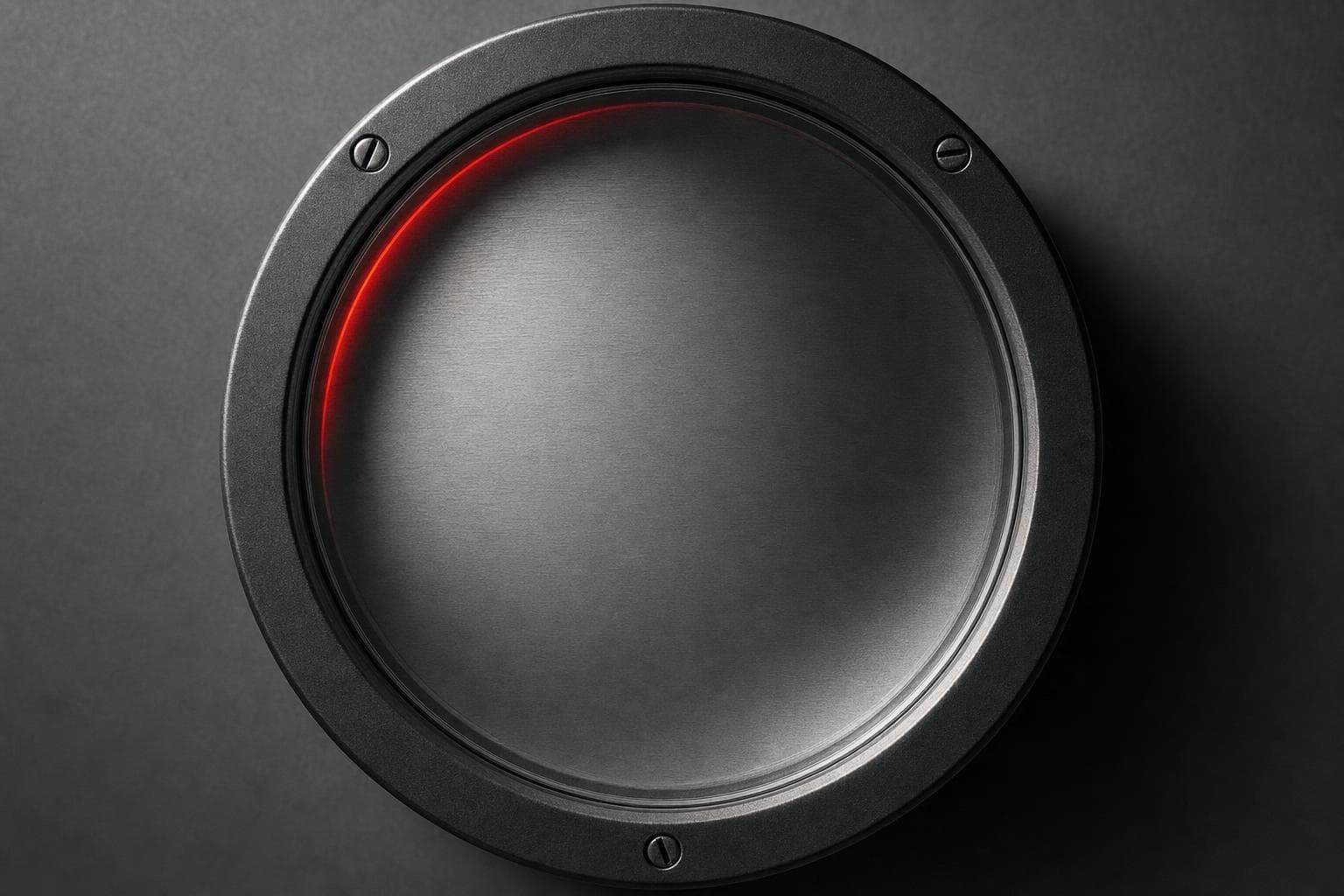 A single large circular instrument filling the frame, mounted alone on a grey panel, its glass face completely empty, with no scale, no markings, no needle, no pivot, just one hard sliver of vermilion-red light glancing across the blank glass, the only colour in the frame.