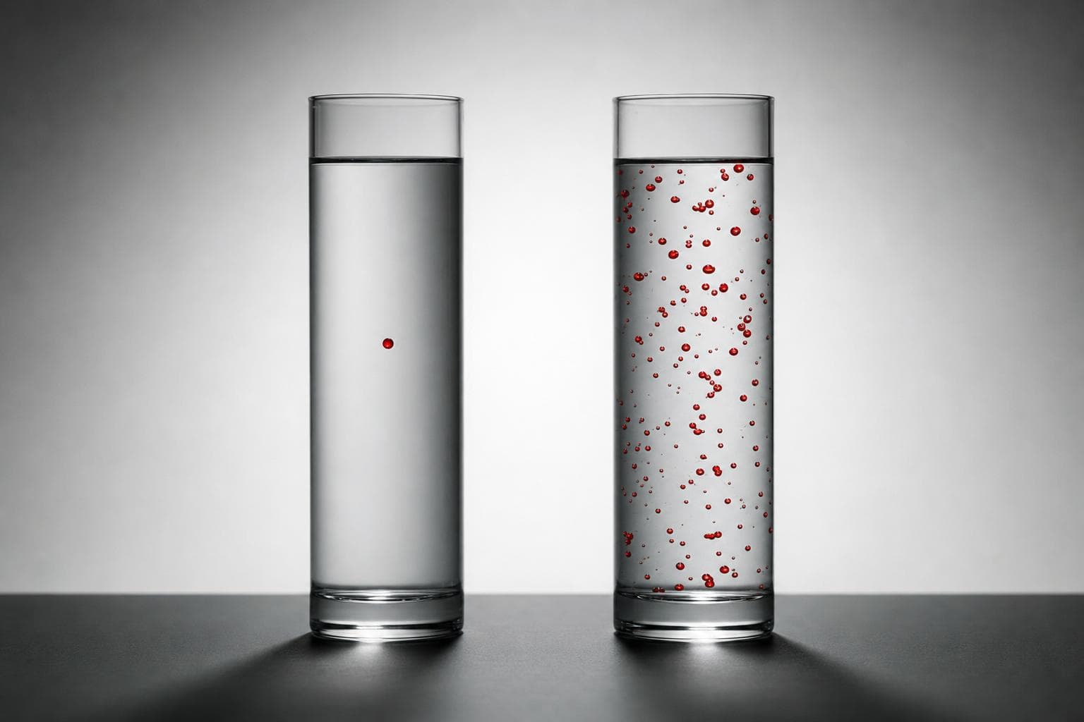 Two tall identical clear-glass cylinders standing side by side on a graphite surface in faintly grey water; the left cylinder holds a single suspended vermilion-red droplet, the right holds dozens of red droplets clouding through it, red the only colour in the frame.