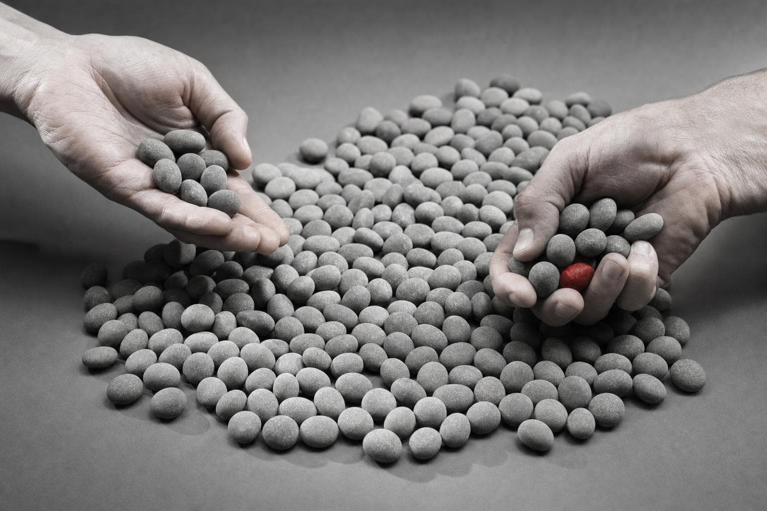 On a graphite surface a shallow heap of near-identical grey look-alike pebbles with a single vermilion-red pebble among them; a steady hand on the left holds aside a small fistful of pure grey pebbles with no red, while a second hand on the right has scooped up a clumsy fistful that includes the single vermilion-red pebble, red the only colour in the frame.