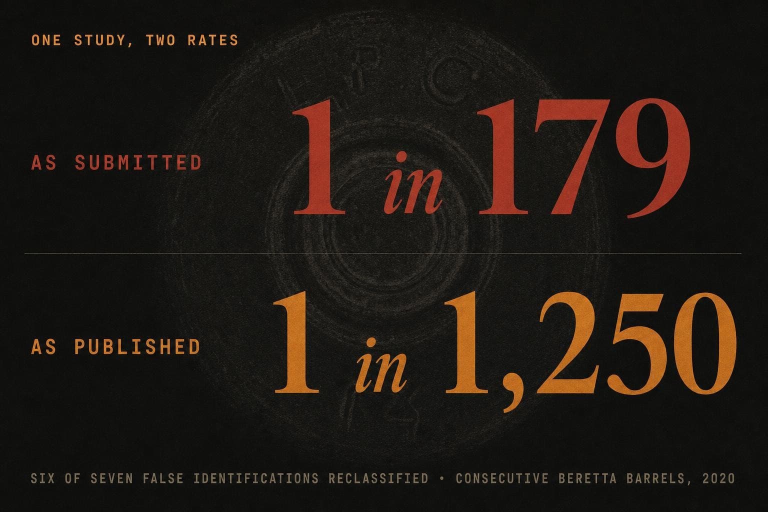 A data plate contrasting two rates from one study: 'AS SUBMITTED — 1 in 179' in red above 'AS PUBLISHED — 1 in 1,250' in amber, noting that six of seven false identifications were reclassified as administrative error.