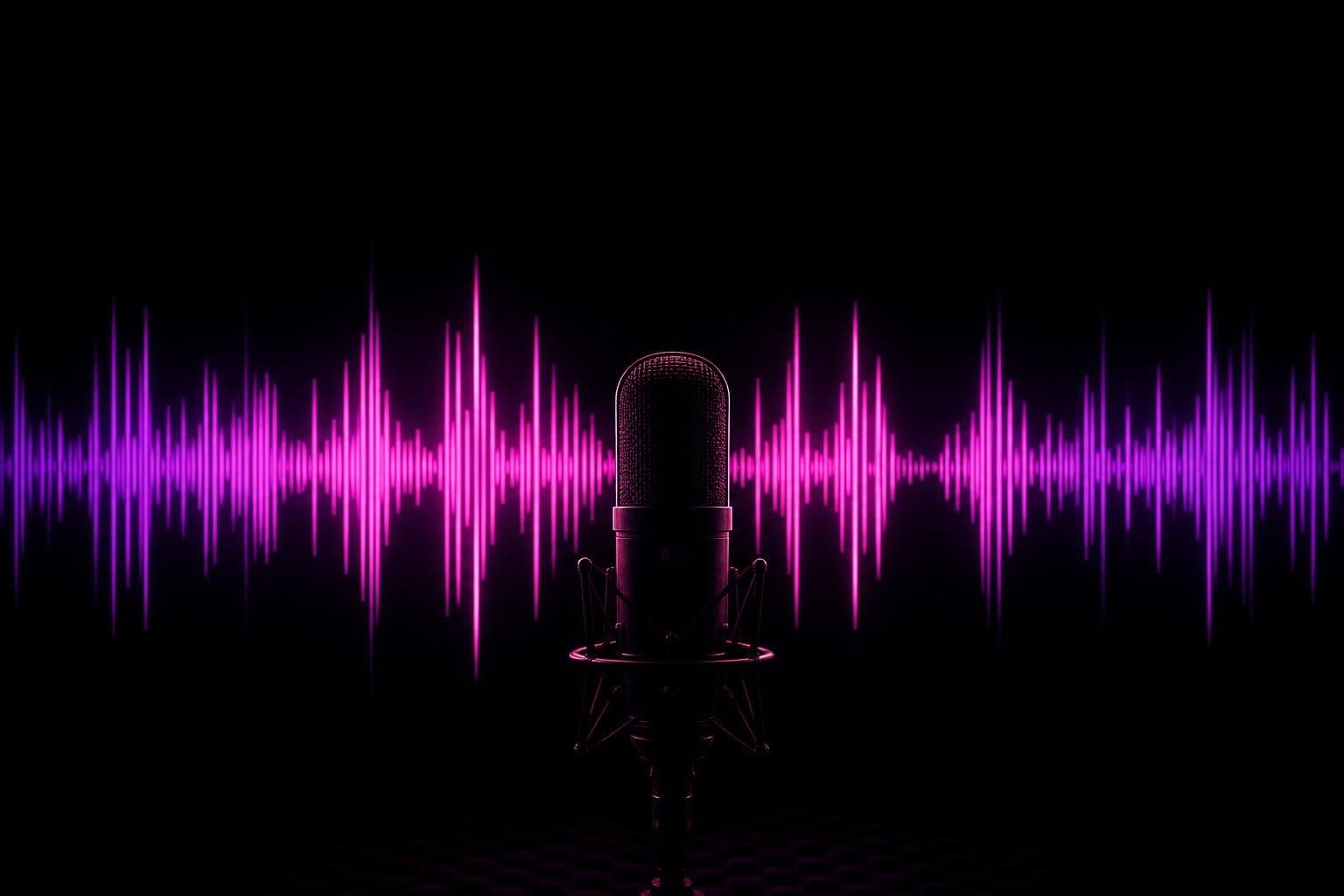 A lone studio microphone standing in near-total darkness, the air around it alive with a glowing violet-to-magenta waveform that radiates outward like a voice made visible, the only light in the frame.