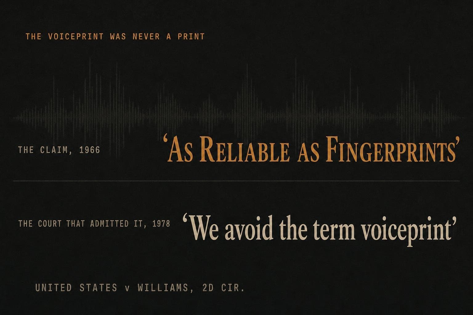 A data plate: the 1966 sales claim that voiceprints were 'as reliable as fingerprints', set against the 1978 court's own words, 'we avoid the term voiceprint'.
