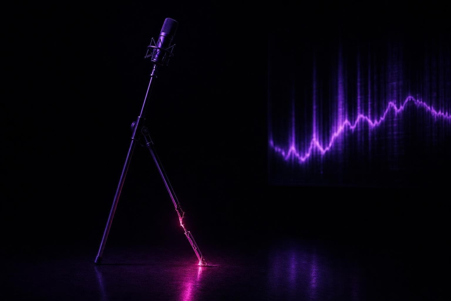 A three-legged microphone stand glowing faintly violet in the dark, two legs solid but the third buckling and flaring hot magenta where it fails, the whole stand and its mic tilting toward collapse.