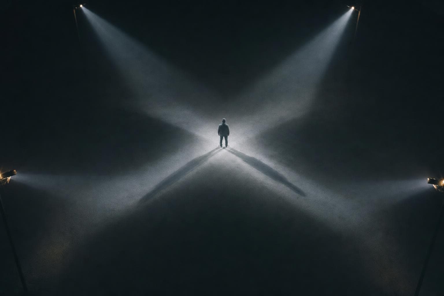 A single anonymous figure stands alone in a dark car park while four separate beams of light from four overhead lamps all converge and pin onto that one body from four angles, four confident lights on one person, with no markings or measurement on the bare asphalt beneath.