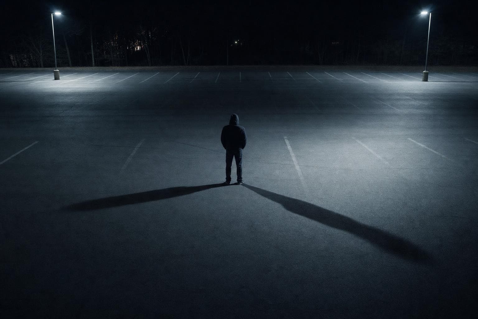 A single anonymous figure stands in a dark car park lit by two overhead lamps from opposite sides, throwing two long shadows that fall in two different directions and lie at clearly different angles, one body reading as two disagreeing answers.
