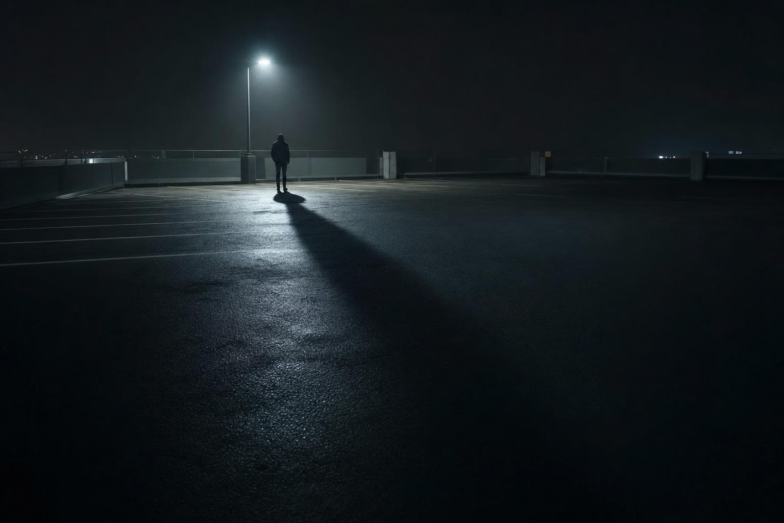 A lone anonymous figure stands under one lamp in a dark car park casting a very long shadow across the asphalt, but the far end of the shadow softens and dissolves into the surrounding blackness so its true length cannot be pinned to any single point.