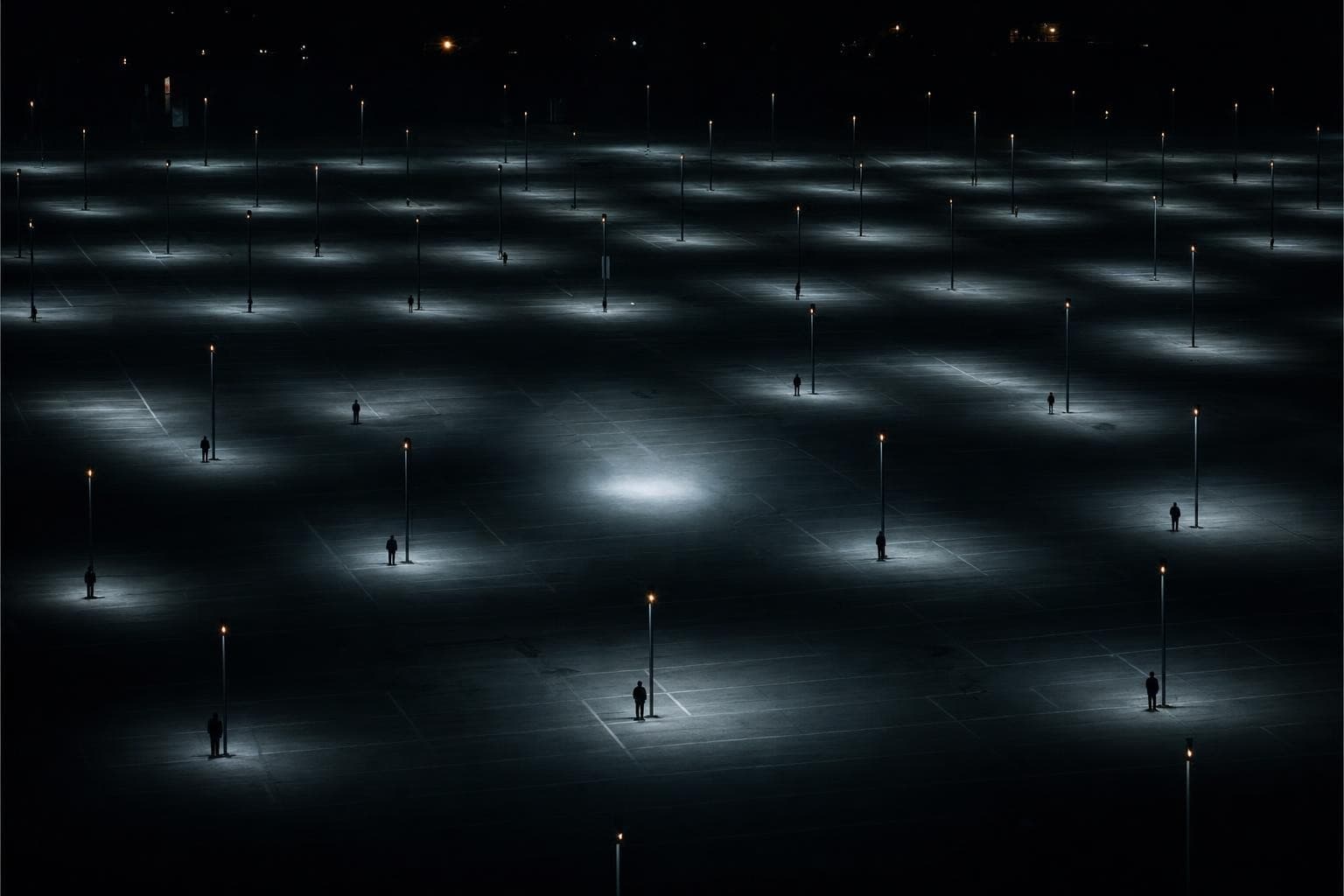 A vast dark car park filled with rows of near-identical anonymous figures standing under evenly spaced lamps, with one single empty pool of light in the middle where no figure stands, the search of that one spot having simply turned up no second person inside it.