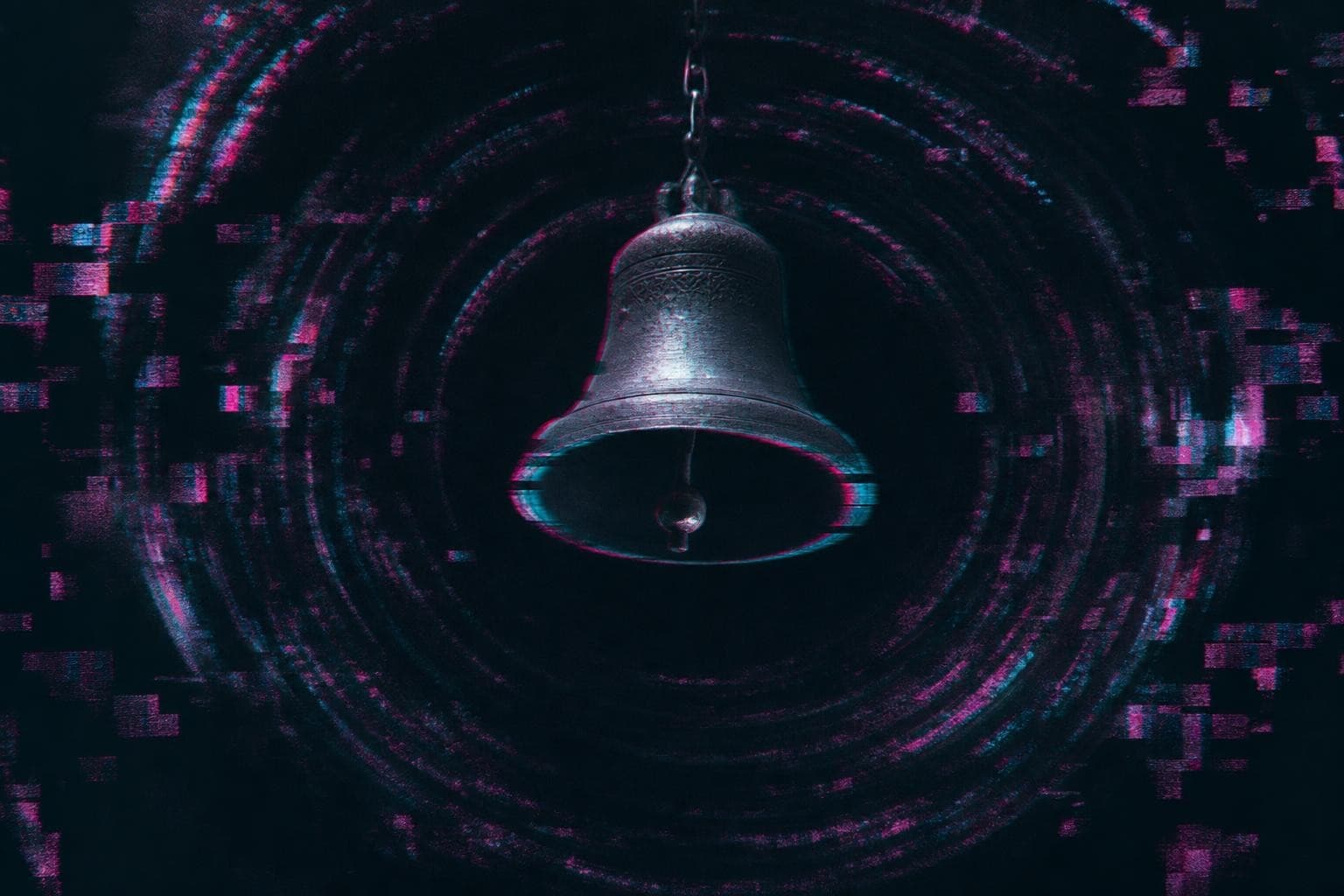 A heavy hanging bell mid-strike in a near-black space, its rim blurred with the shock of having just rung, the sound made visible as expanding rings of magenta-and-cyan glitch tearing outward across the frame, impossible to pull back into the bell.