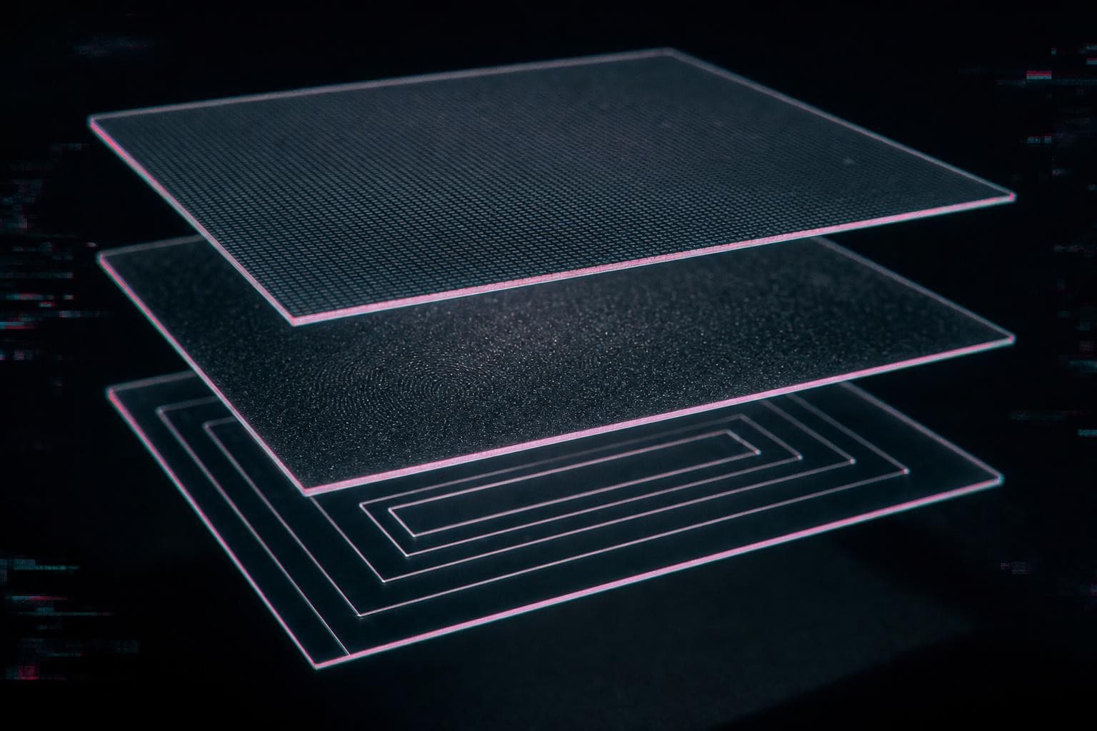 Three thin glass plates stacked in clear receding depth in a near-black space, the top etched with a fine pixel grid, the middle holding a faint sensor-noise speckle, the bottom showing a nested arrangement of rectangular file boxes, the whole stack fringed by a magenta-and-cyan RGB split.