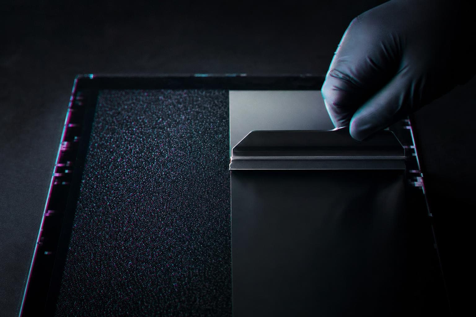 A dark panel carrying the fine speckled noise-texture of a camera sensor, a gloved hand drawing a squeegee across it so the right half is wiped to a smooth, blank, traceless surface while the left still holds its unique grain, the magenta-and-cyan fringe surviving only in the untouched half.