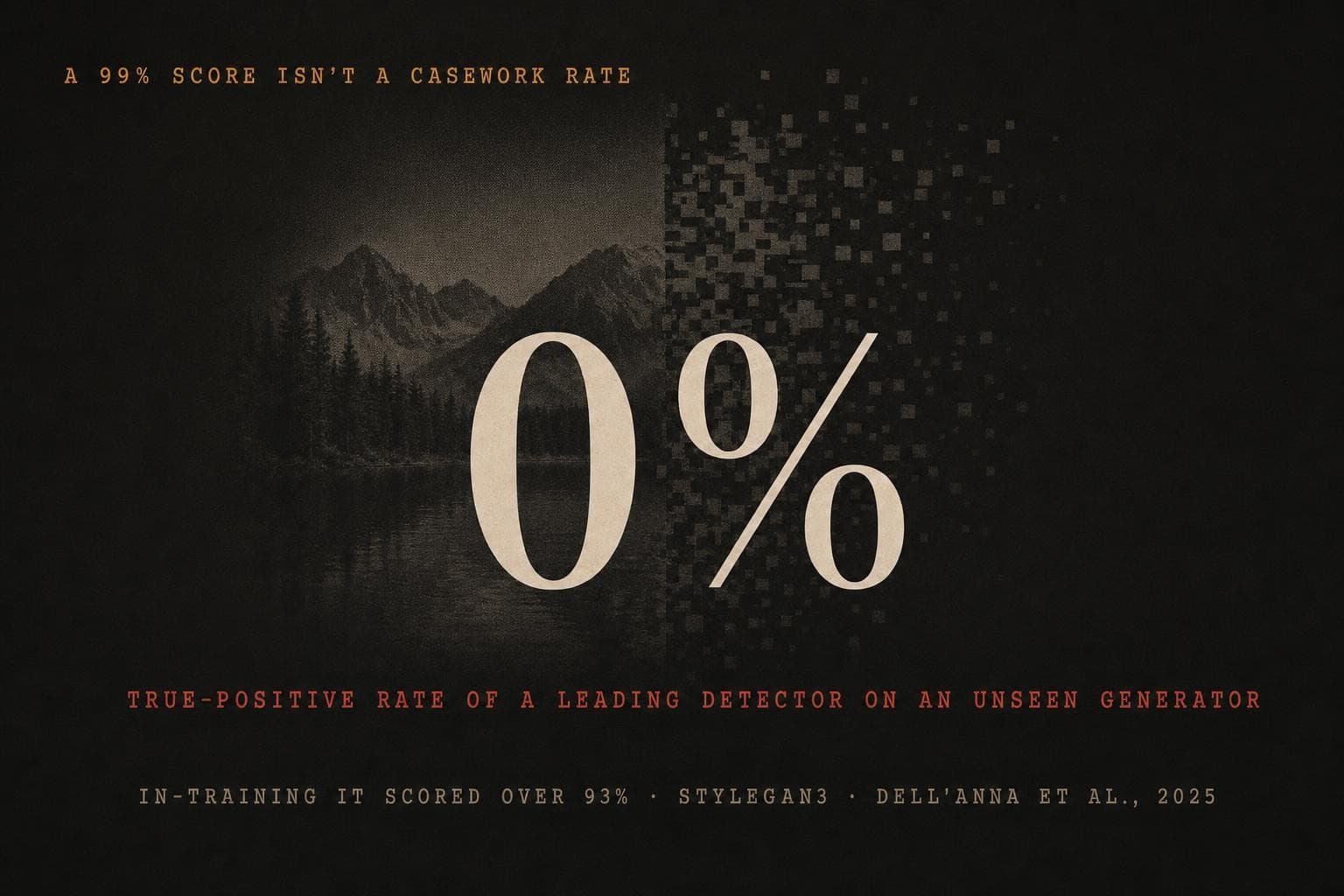 A data plate: a leading deepfake detector scored over 93% in training but a 0% true-positive rate on an unseen generator (StyleGAN3) — a benchmark score is not a casework error rate.