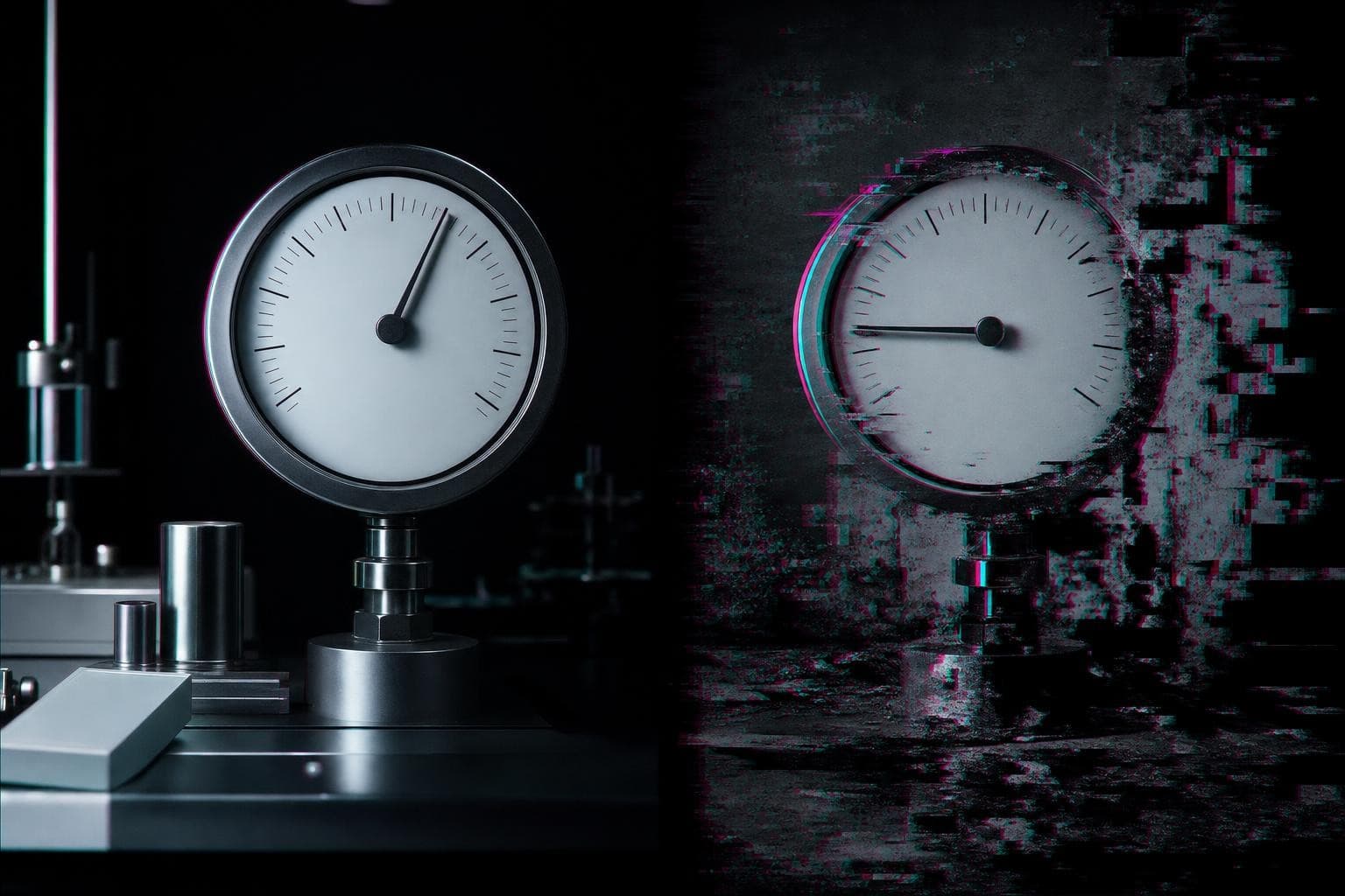 Two identical instrument dials side by side in a near-black space: the left one on a spotless calibrated bench reads pinned near the top of its scale, the right one mounted on a torn, glitch-corrupted real-world surface has its needle slumped to the undecided middle of the scale.