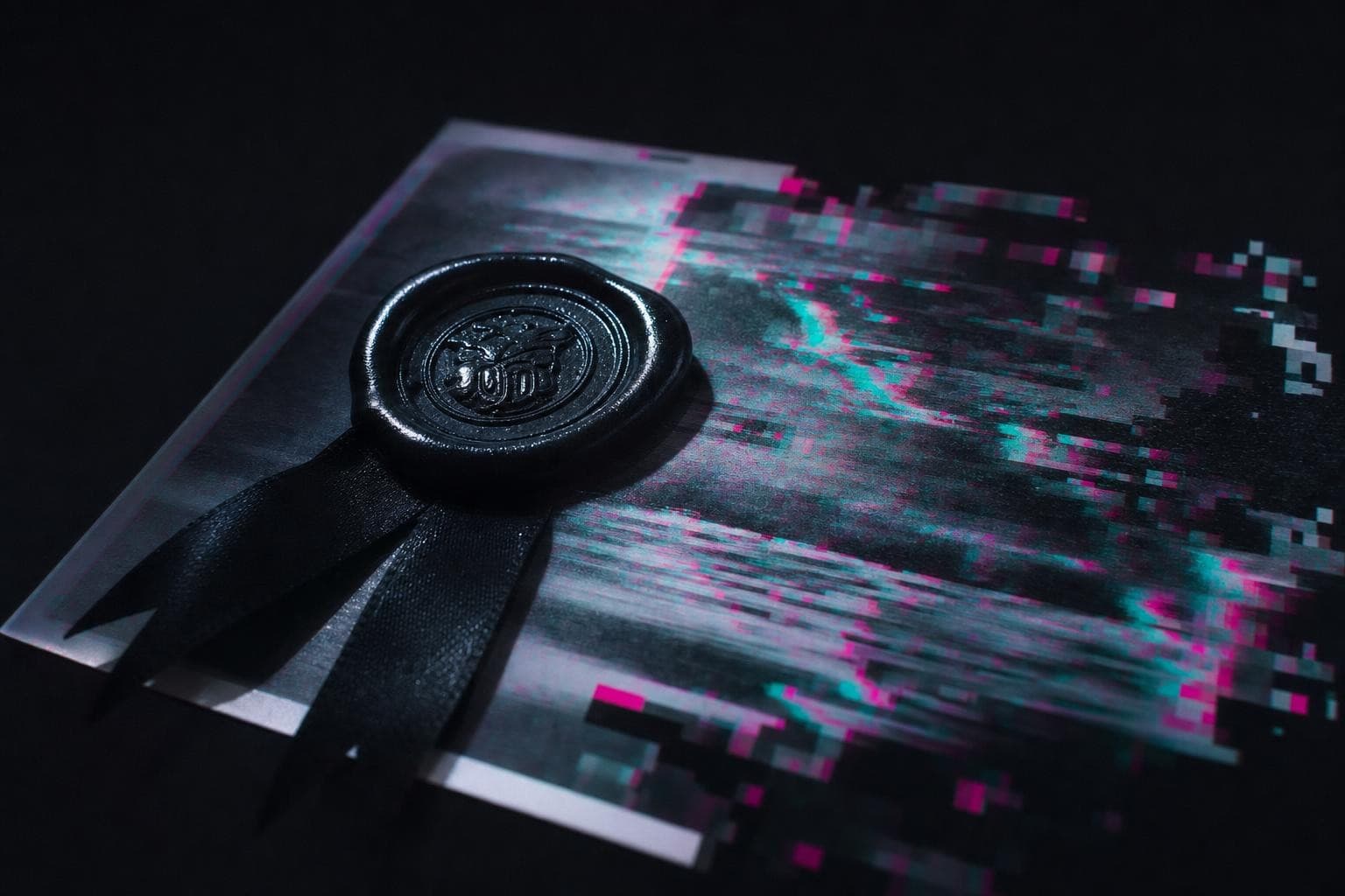 A heavy formal wax seal with a trailing ribbon pressed crisply onto a printed photograph in a near-black space, the seal immaculate and authoritative while the photograph it certifies is tearing apart into corrupted pixel blocks and a magenta-and-cyan RGB split.