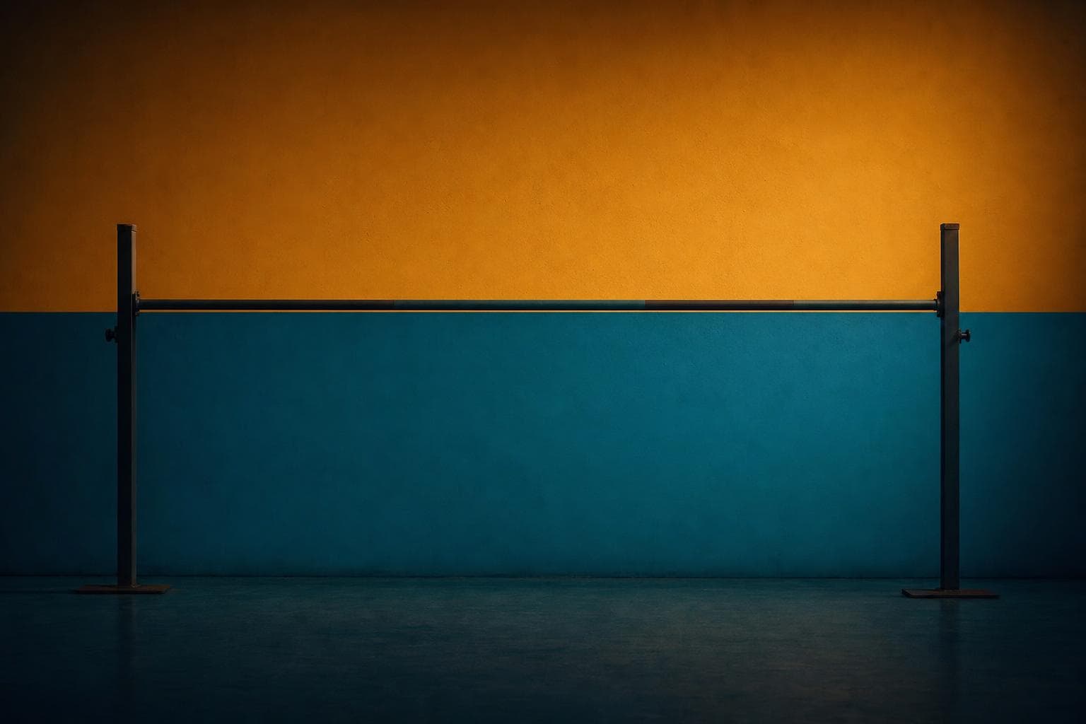 A single taut horizontal threshold line stretched across a frame split into a cool teal zone below and a warm amber zone above, the line sitting partway up.