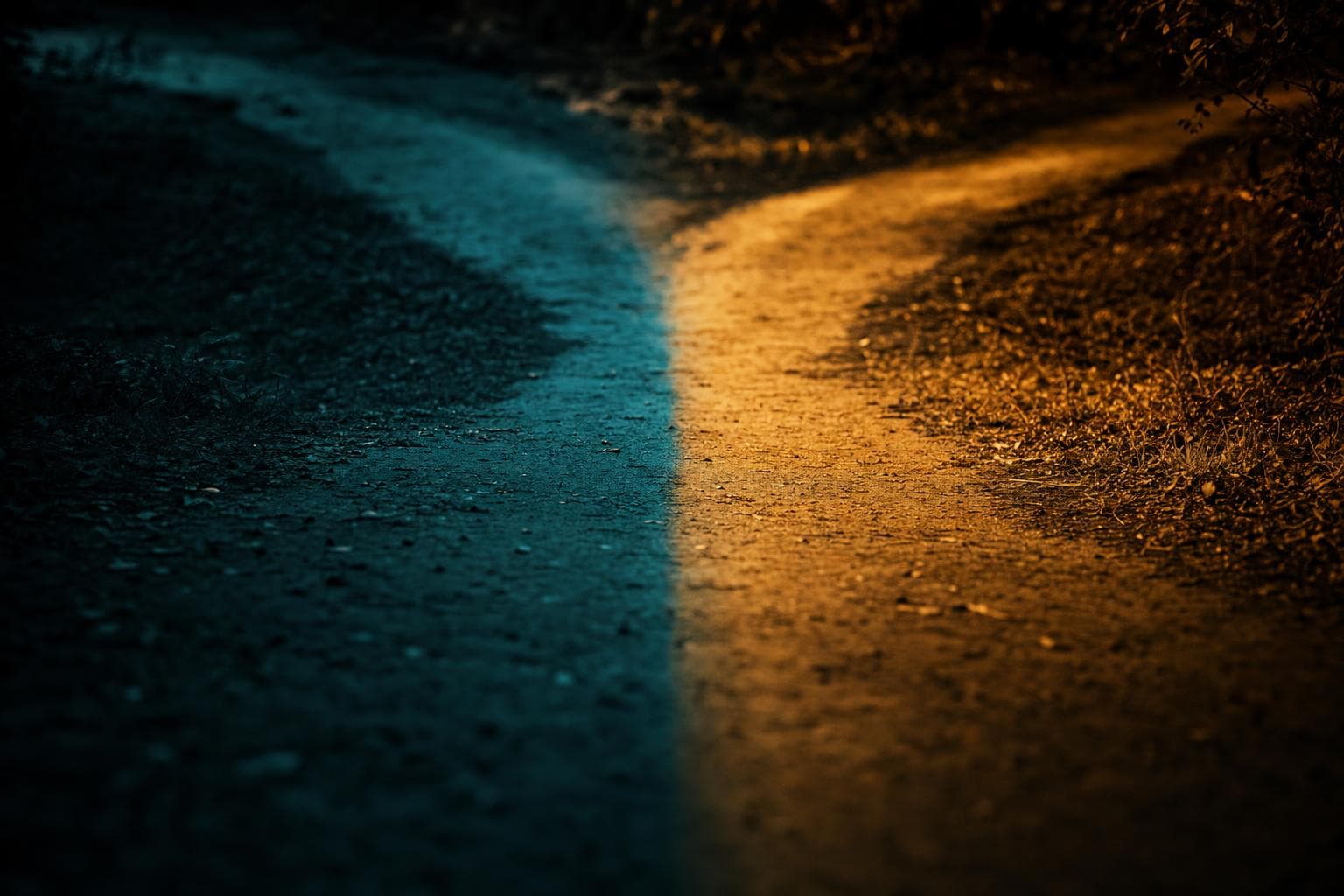 A single path splitting into two diverging forks at a junction, one branch falling into cool teal shadow and the other into warm amber light, the viewer stopped at the point of choice.