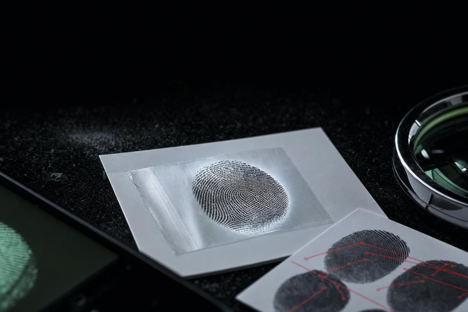 A single black fingerprint, a loop pattern, lifted on translucent tape and glowing against deep black, with the edge of a chrome magnifier loupe resting beside it.