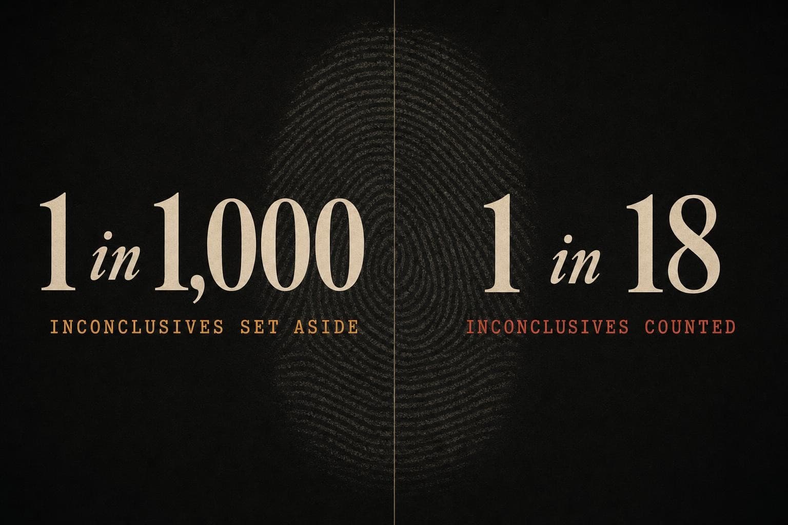 An editorial data graphic contrasting two fingerprint error rates: '1 in 1,000' when inconclusive results are set aside, and '1 in 18' when they are counted as potential errors.