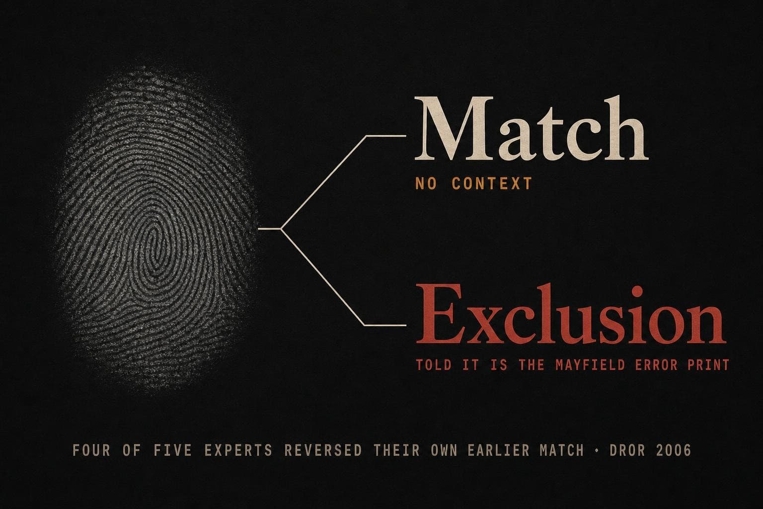 One fingerprint leading to two opposite verdicts: an arrow to the word 'MATCH' under the label 'NO CONTEXT', and an arrow to the word 'EXCLUSION' under the label 'TOLD IT IS THE MAYFIELD ERROR'.