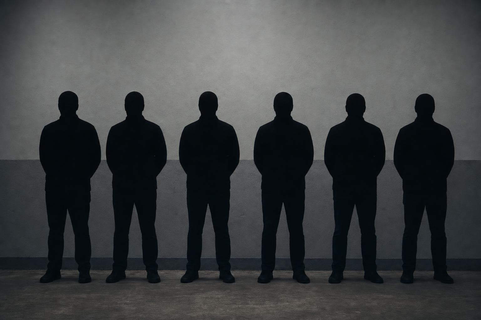 A police identity lineup of several near-identical dark silhouetted figures standing in a row against a cold bare wall, none distinguishable from the next.