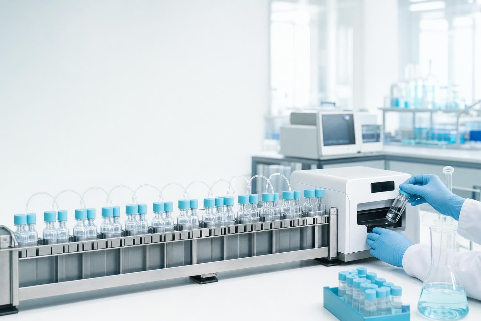 A bright clinical test bench where a long rack of identical labelled test samples is being run through a stainless steel measuring instrument, a controlled validation experiment in progress.