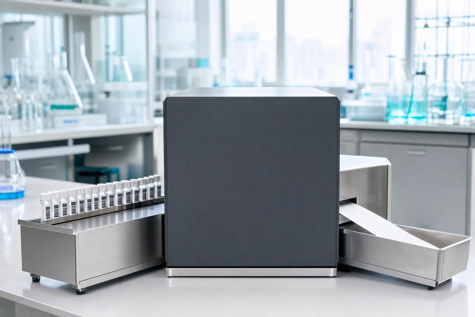 A sealed matte-charcoal instrument enclosure on a bright lab bench, a row of identical coded specimens entering a feed tray on its left and a fresh printed results strip emerging from a slot into a tray on its right, the interior never shown.
